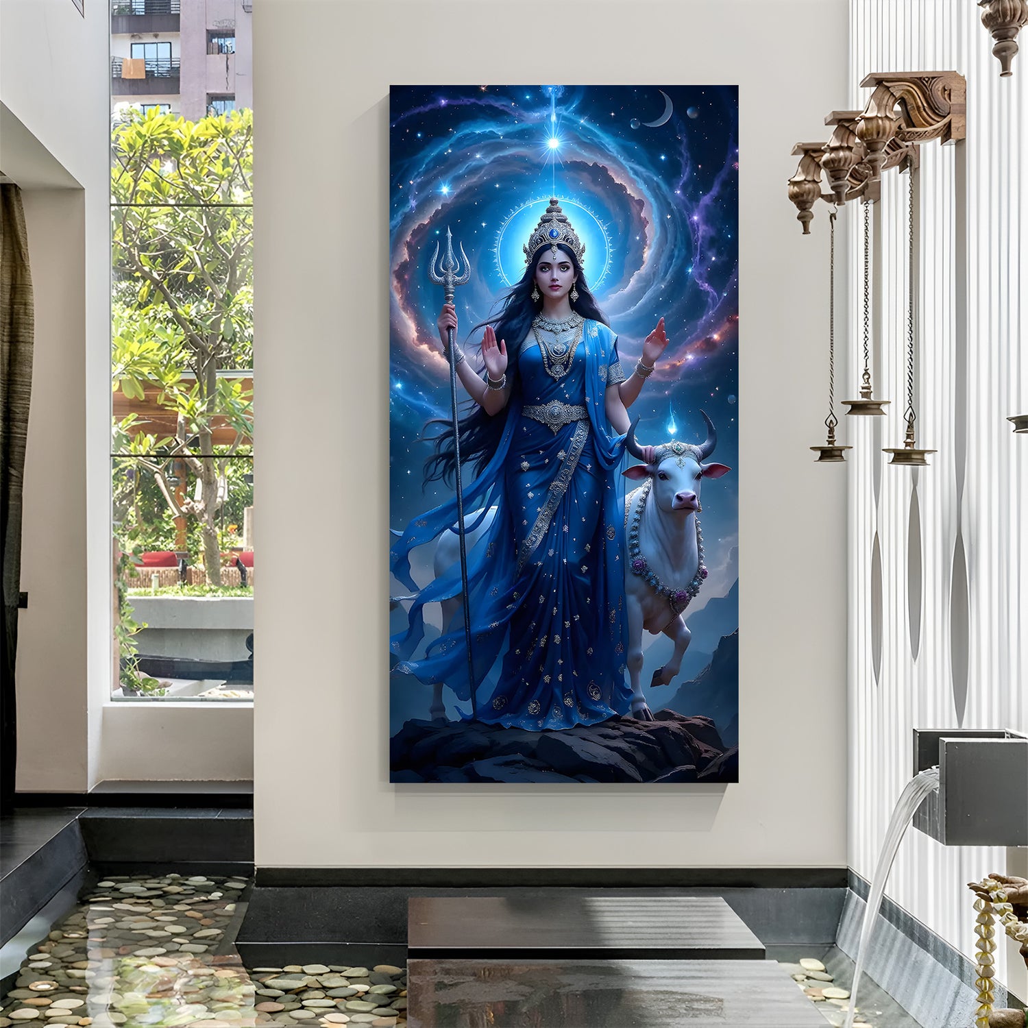 Parvati Maa standing with sacred cow behind her in premium canvas wrapped frame spiritual wall art
