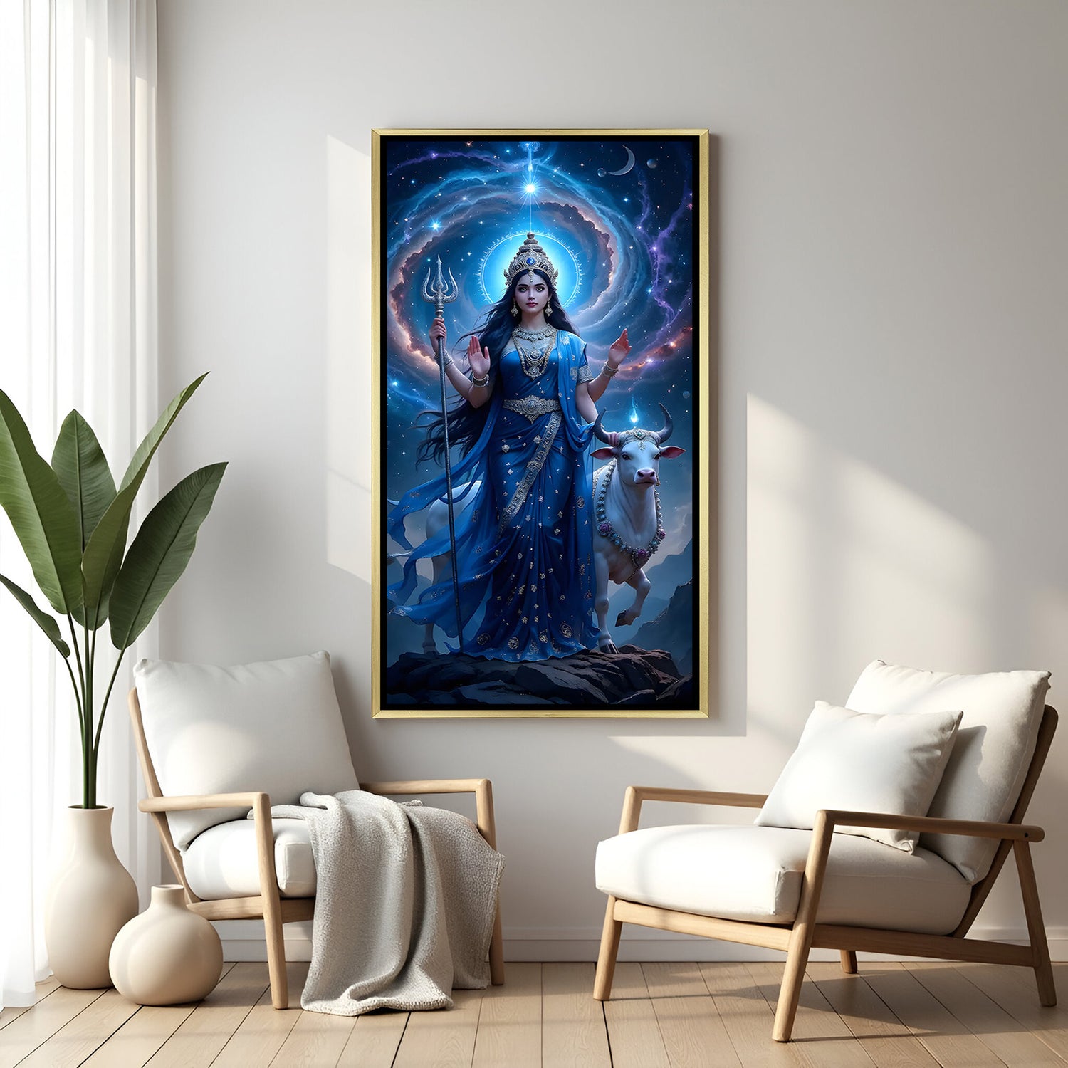 Parvati Maa spiritual artwork in luxury golden floater frame with sacred cow behind her