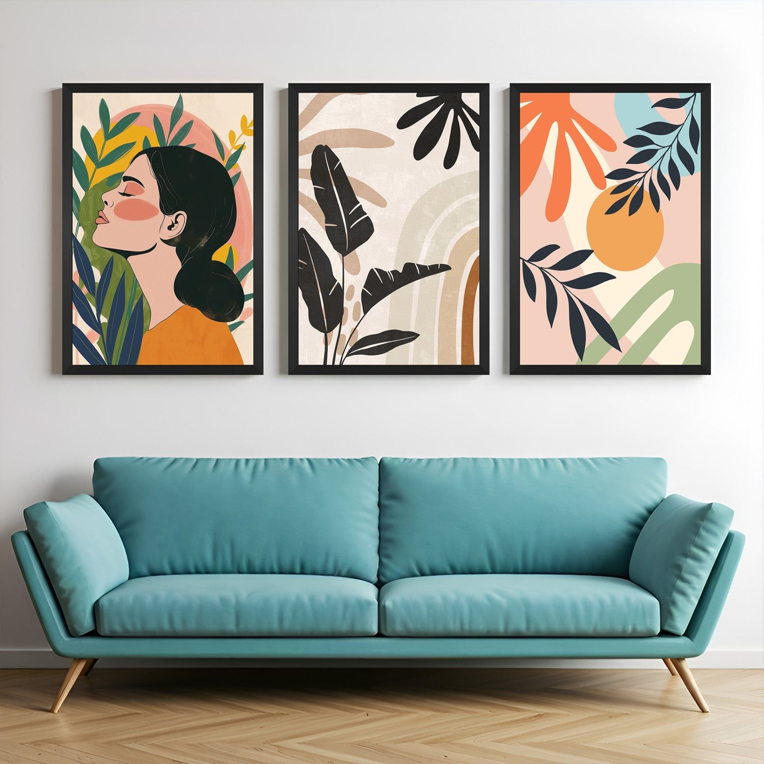 Canvas wall art set featuring bohemian girl, pastel random artwork, and light-toned boho patterns – for peaceful and elegant home styling