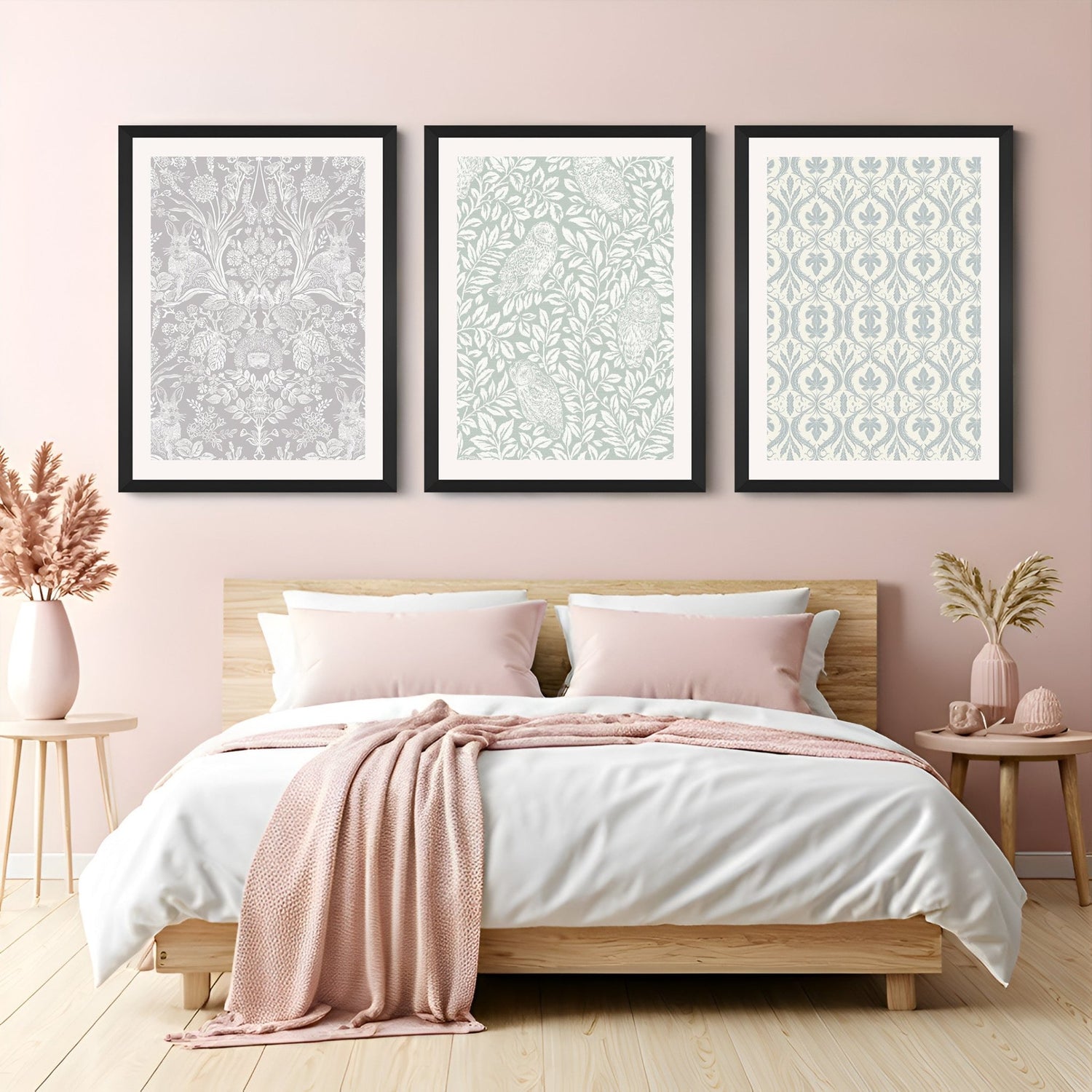 Set of 3 light-toned floral canvas prints with delicate flower patterns – perfect for bedroom walls, hallways, or calm modern decor