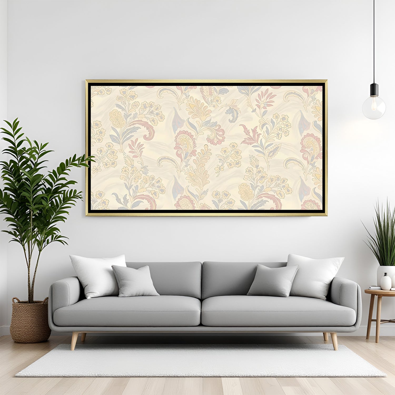 Luxury pastel floral Kalamkari artwork in golden floater frame with soft vintage botanical design