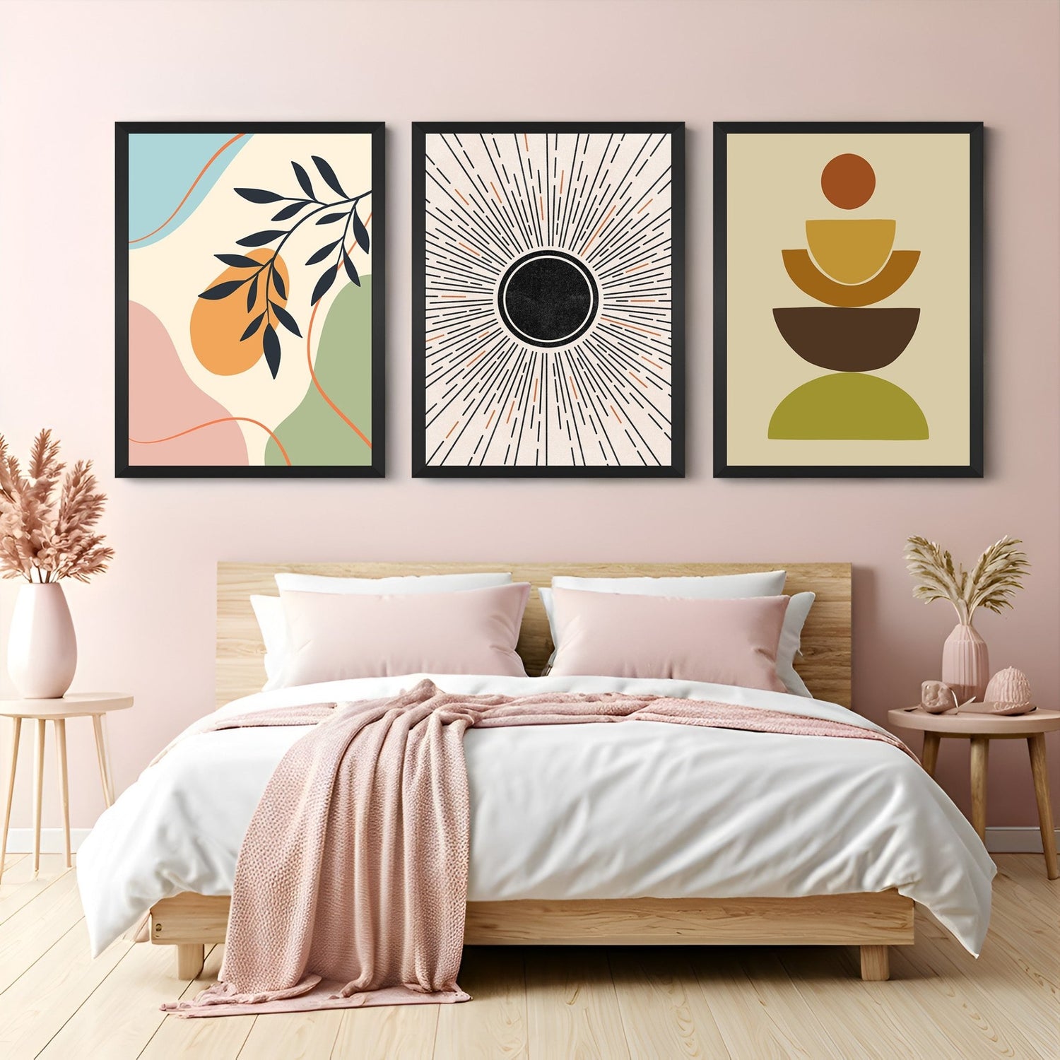 Set of 3 boho wall art prints featuring pastel floral abstract, black sun rays, and multi-colored minimal shapes – perfect for stylish modern interiors