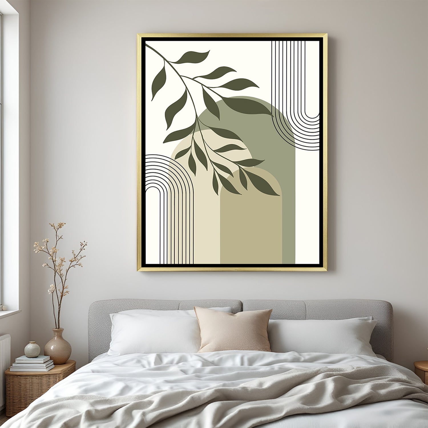 Golden frame bohemian wall art with light green stones and botanical stem in a soft layout