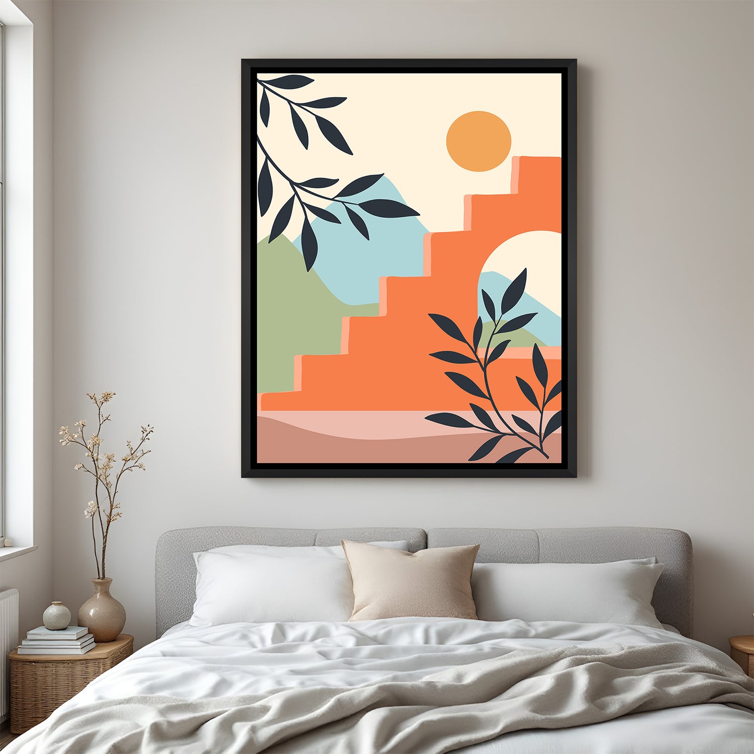 Black floater frame wall art with soft colored mountains, stairs and botanical accents