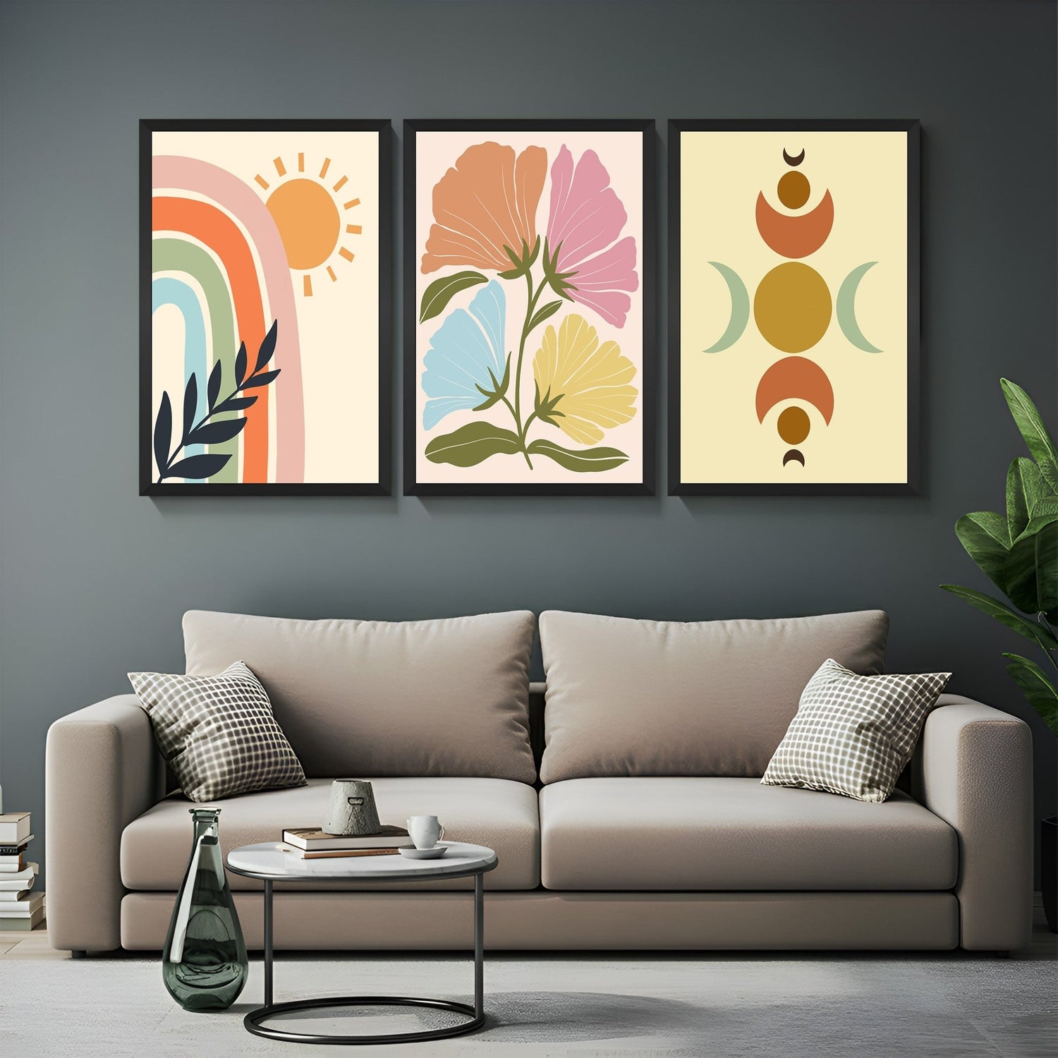 Set of 3 bohemian canvas prints with rainbow sun art, colored flowers, and a symbolic cosmic piece with moons and abstract shapes