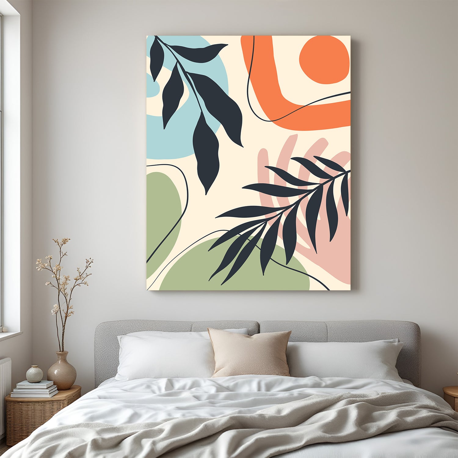 Minimal boho canvas wall art with pastel-colored abstract shapes and soft composition