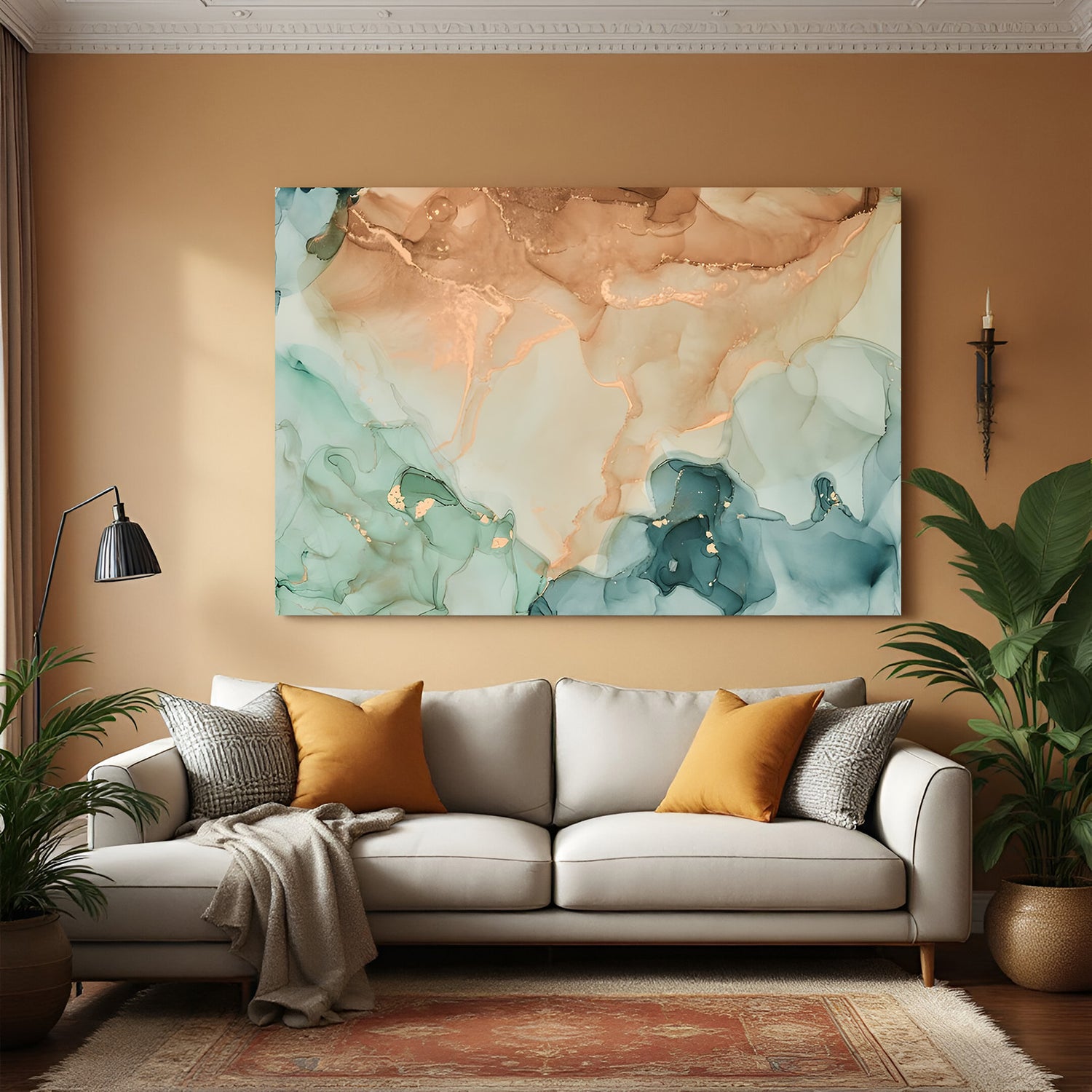 Pastel teal and peach abstract marble canvas wall art with gold accents displayed above sofa in modern living room