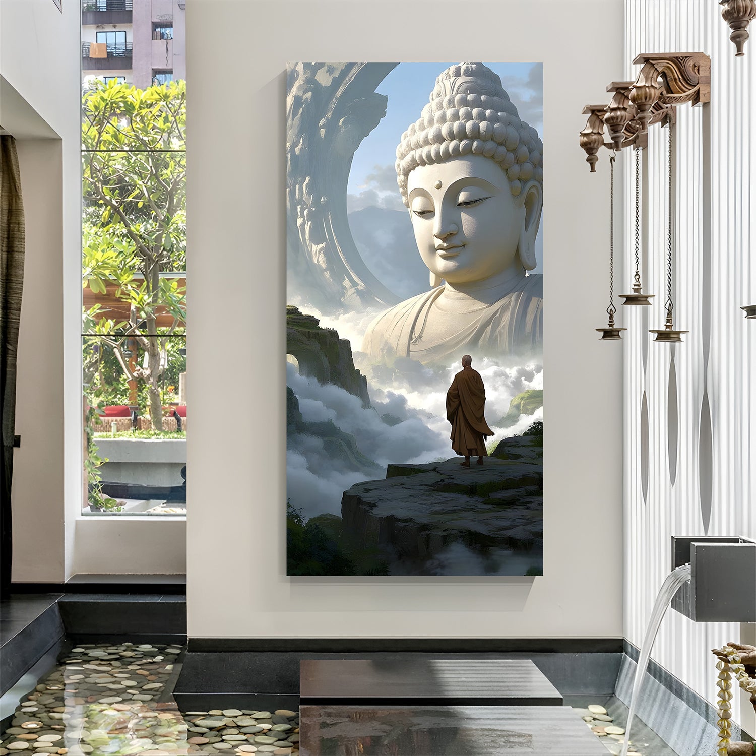 Vertical Buddha wall art featuring monk on cliff with large Buddha figure in misty mountain background.