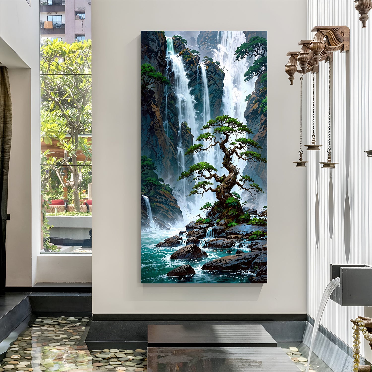 serene waterfall canvas wall art symbolizing prosperity calm healing and positive vastu energy for home decor