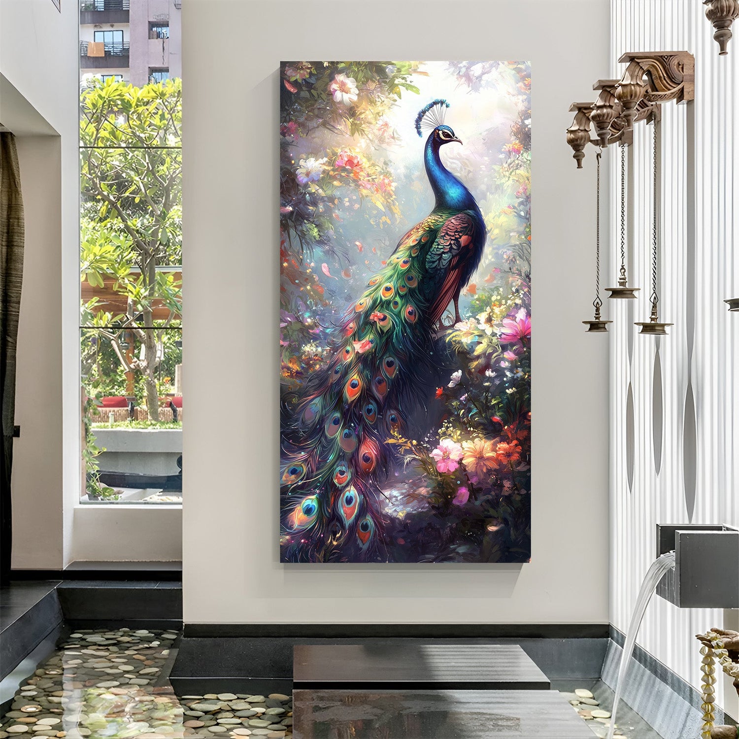 Peacock vastu canvas painting with rich symbolism for peace, emotional balance, and traditional elegance in Indian-inspired interiors