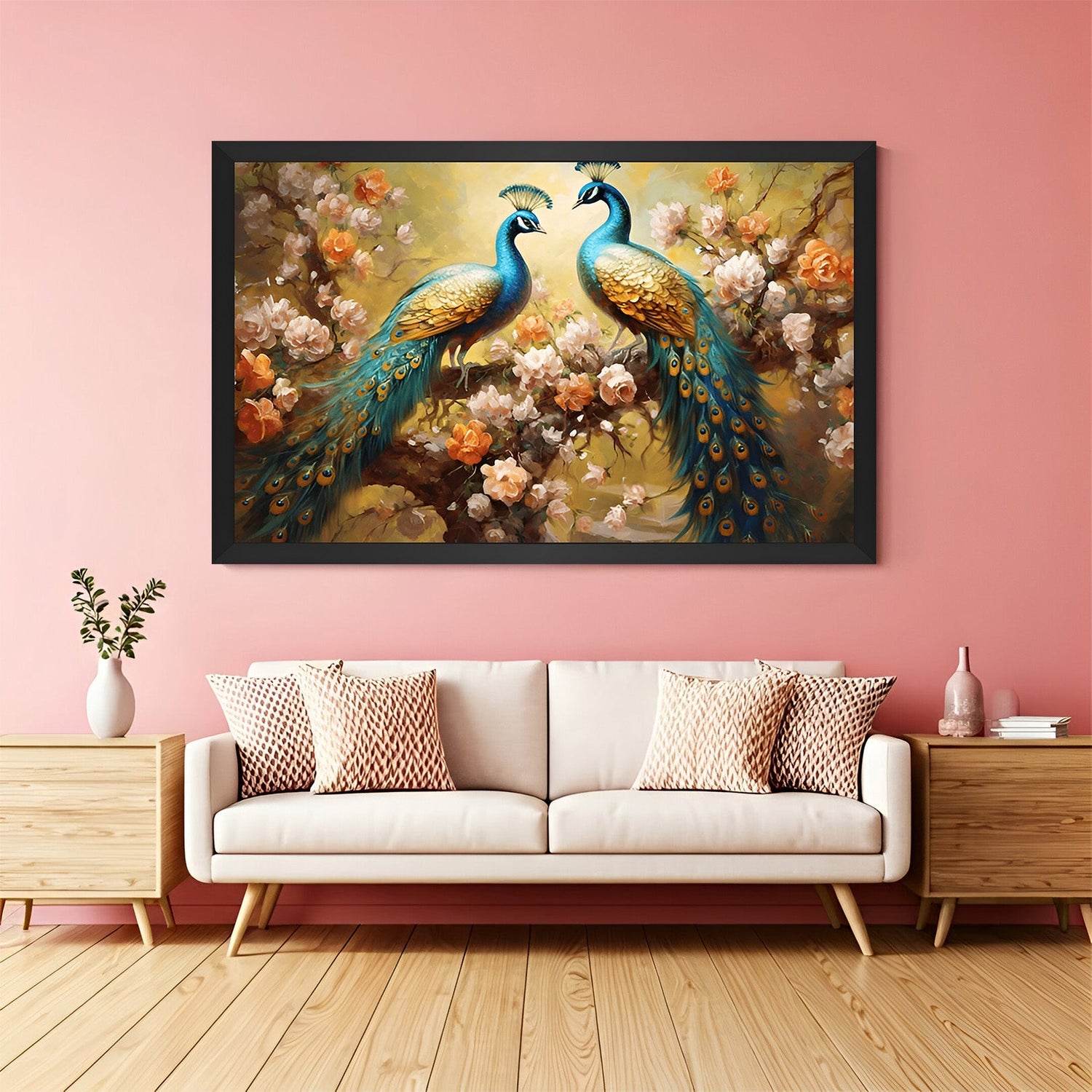 Peacock canvas painting in black floater frame for modern office and stylish home decoration