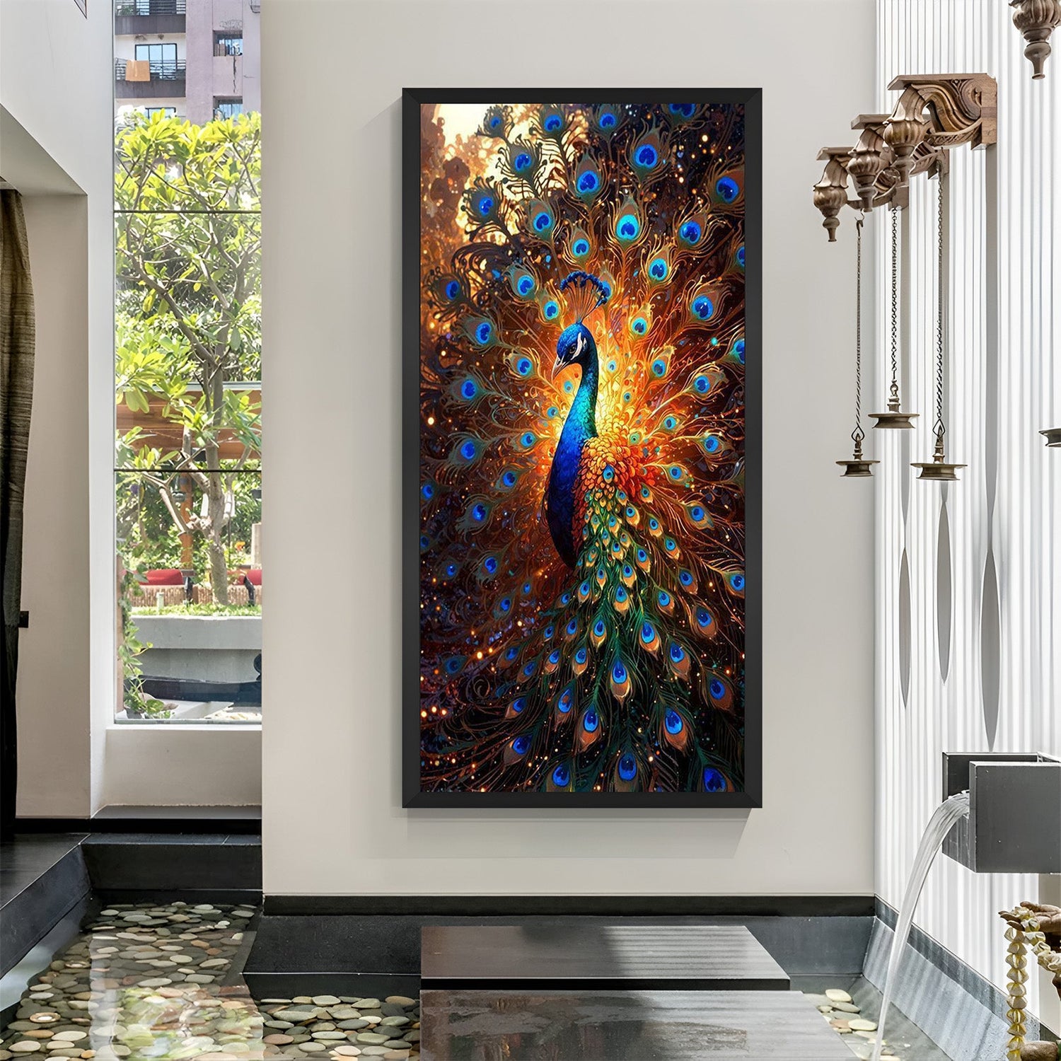 Peacock canvas painting in black floater frame for Vastu-friendly elegant wall decoration in office and home
