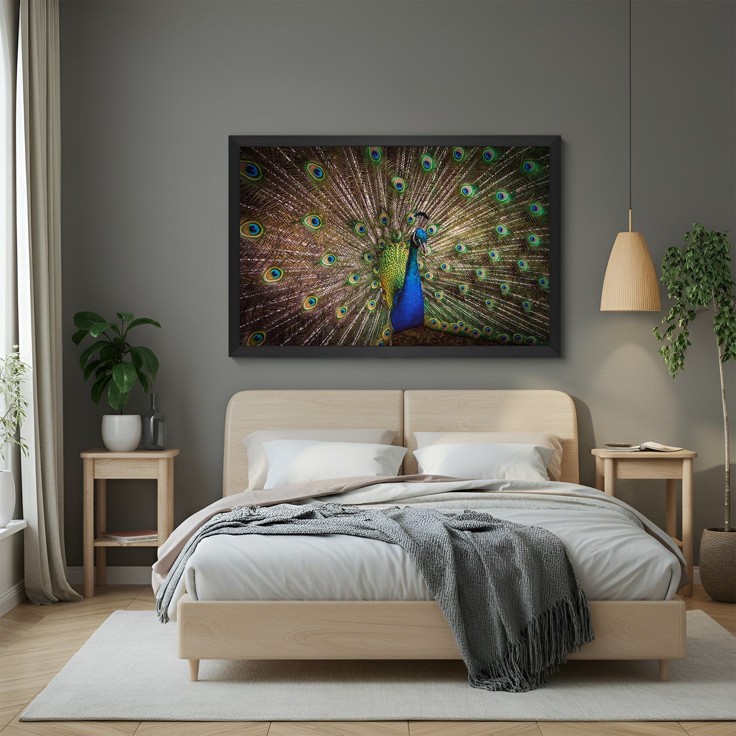 Peacock painting in black floater frame with vastu energy, graceful Indian detailing, and elegant wall decor for modern or ethnic interiors