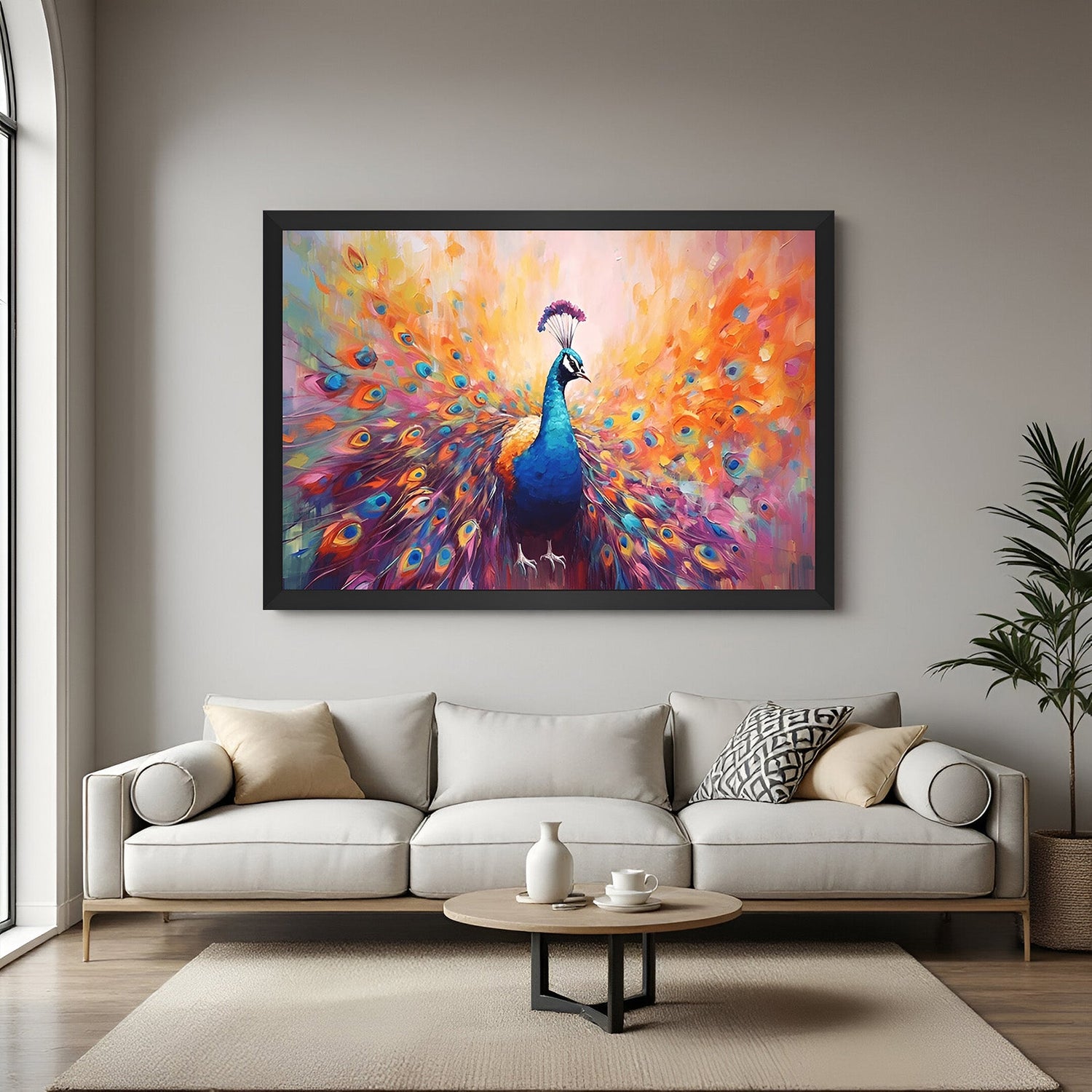 peacock canvas wall art in black floater frame for vastu aligned home and office decor promoting elegance and positive energy