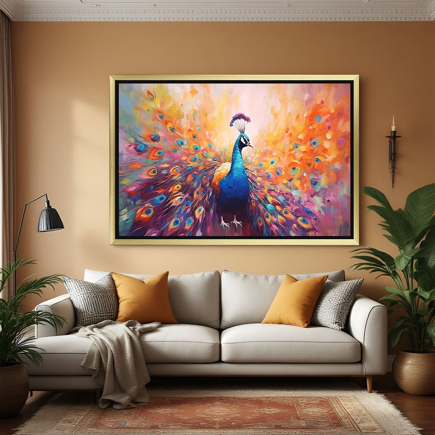 peacock canvas wall art in golden floater frame for vastu home office decor to bring beauty harmony and success