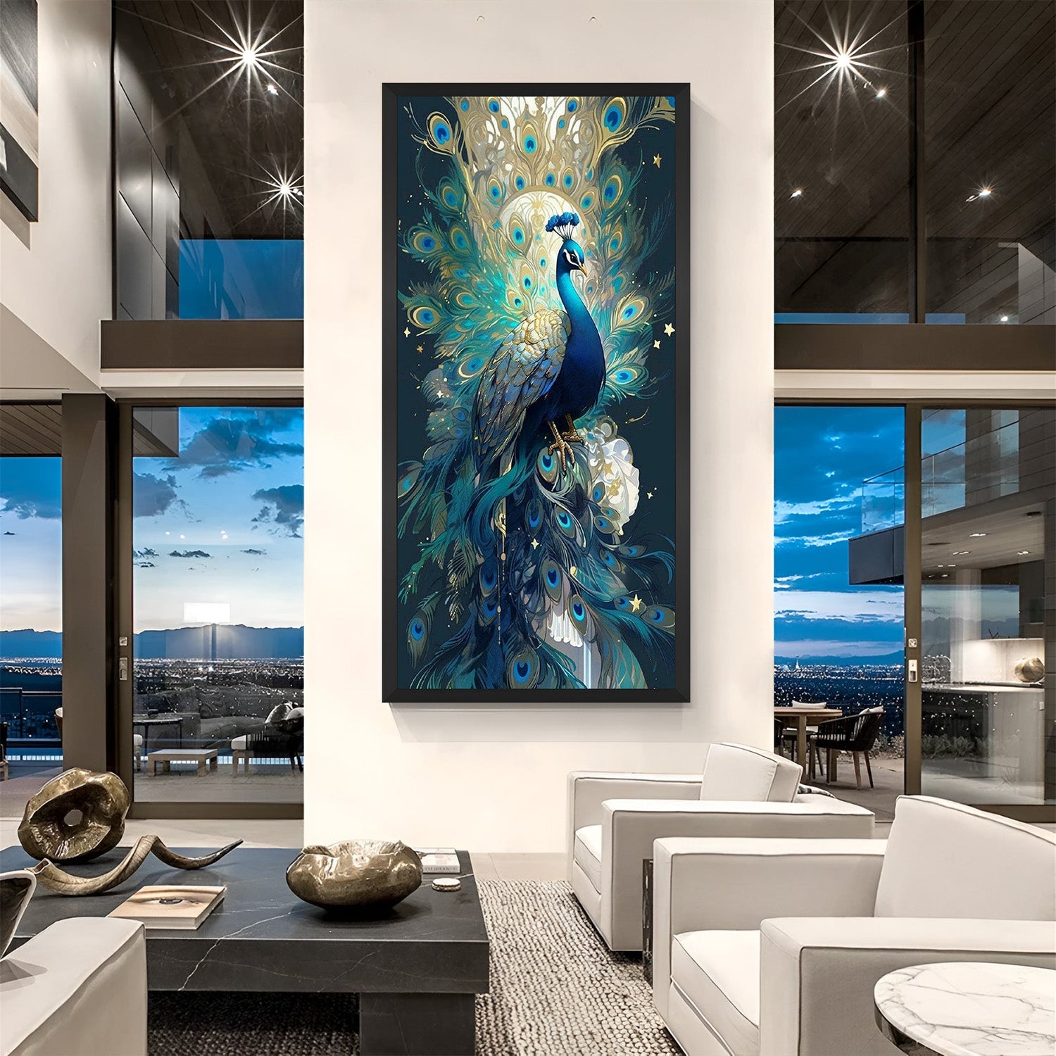 Peacock wall art with black floater frame representing confidence, luck, and aesthetic harmony for vastu-focused home decoration