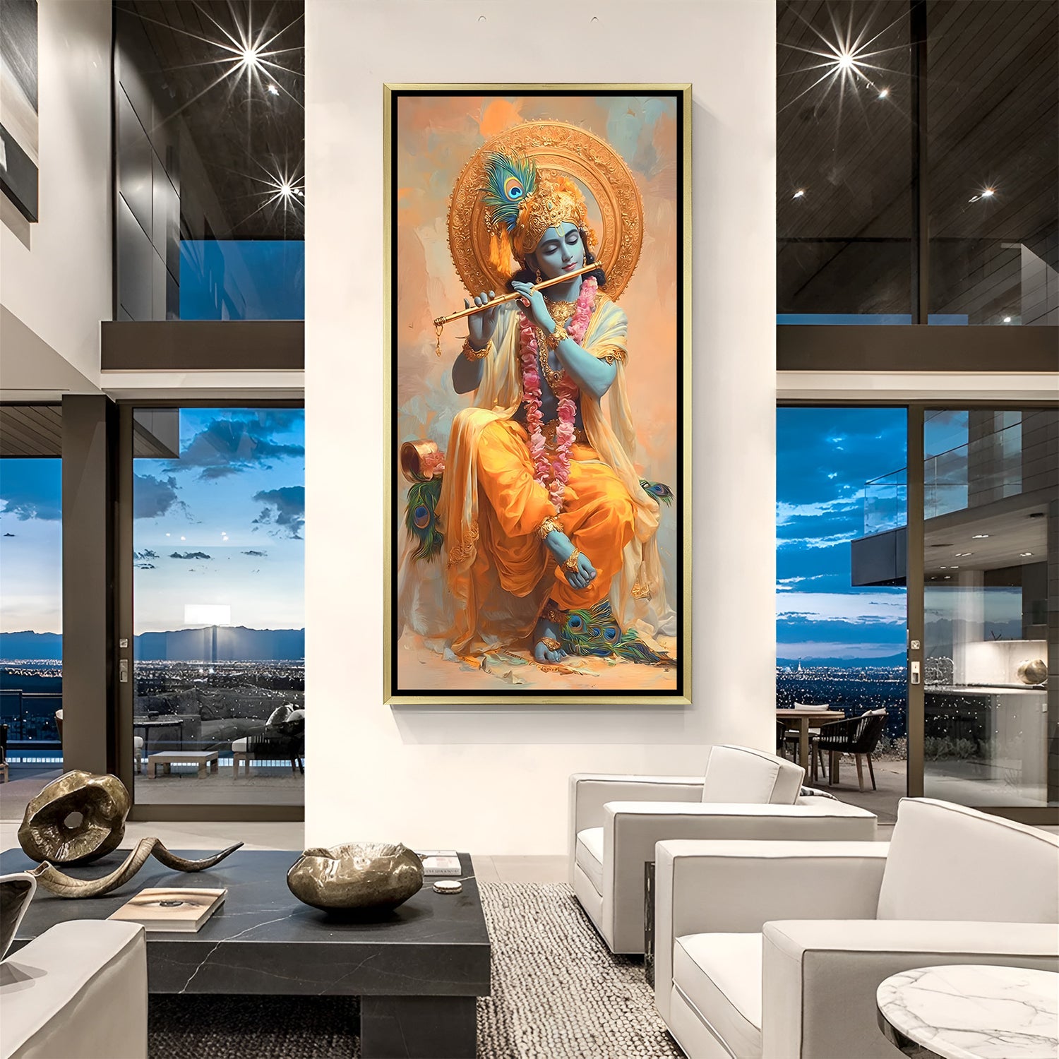 Divine Lord Krishna peacock feather flute painting with pink flowers in luxurious golden floater frame