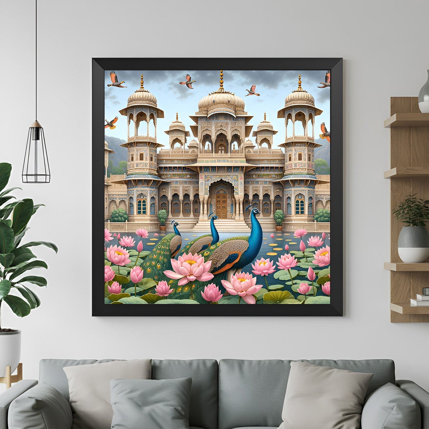 Peacock Duo Vastu Canvas Painting with black floater frame for elegant wall decor, ideal for home, office, and Vastu energy enhancement