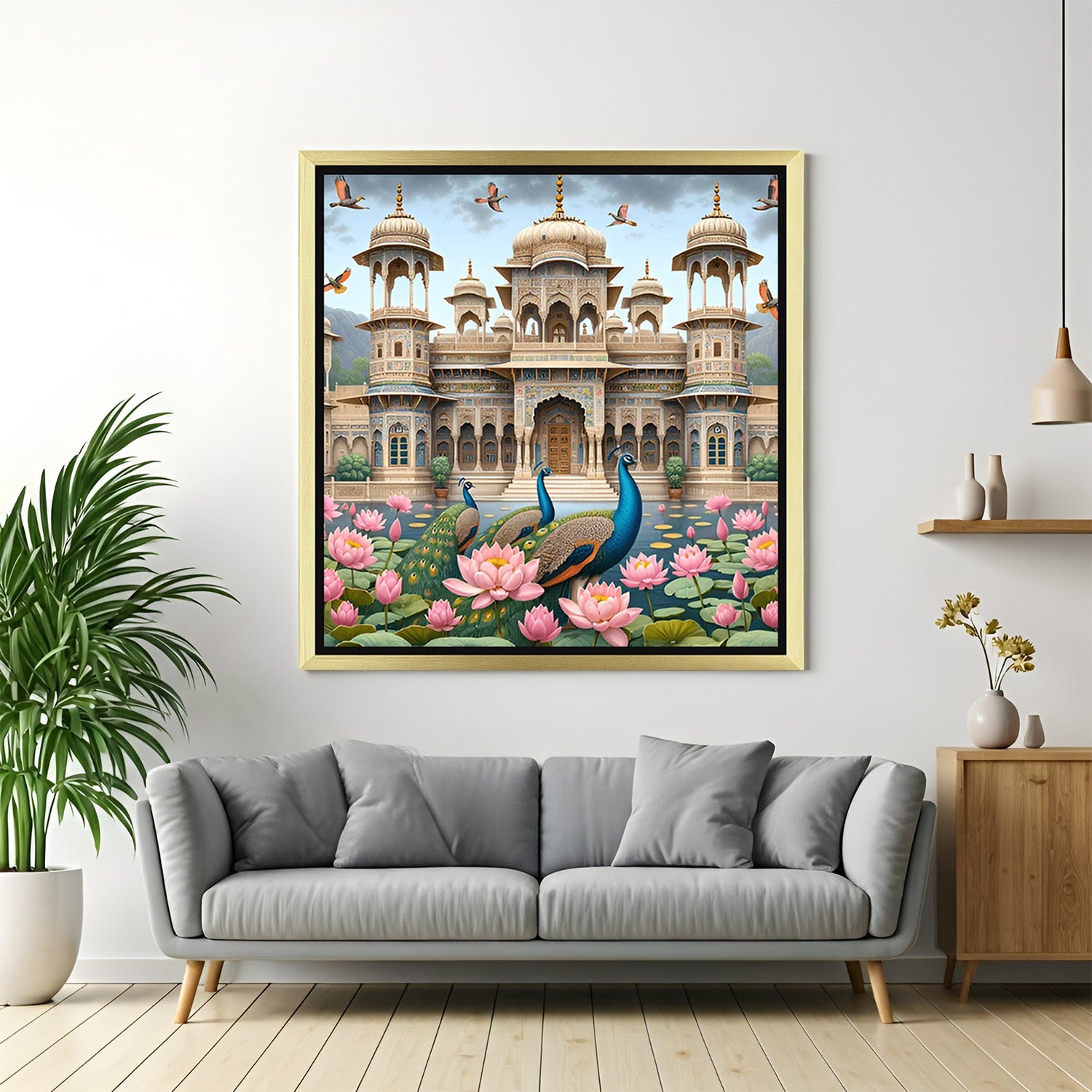 Peacock Duo Vastu Wall Art in golden floater frame for premium Vastu decor, spiritual positivity, and stylish canvas wall painting for interiors