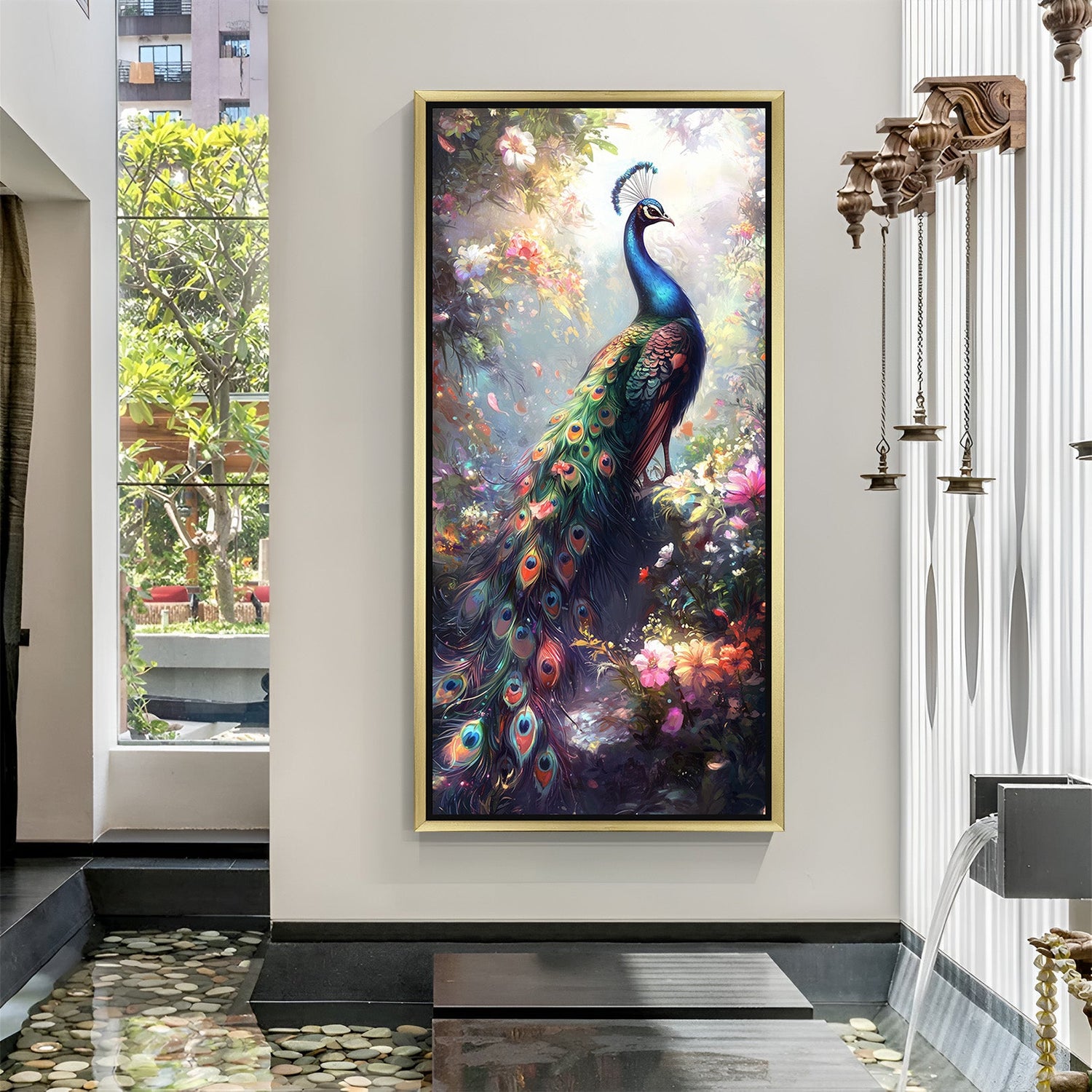 Golden frame peacock vastu painting radiating beauty, prosperity, and vastu-approved flow for stylish living spaces