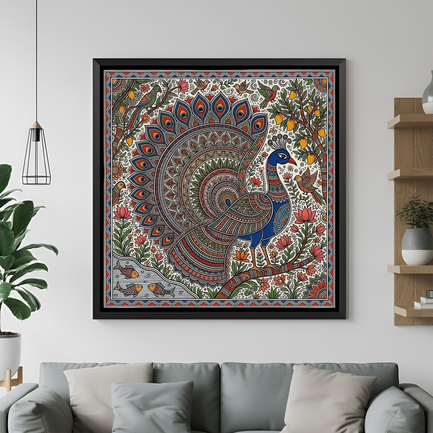 Elegant Madhubani peacock artwork with fish birds and mango tree in black floater frame for modern ethnic decor