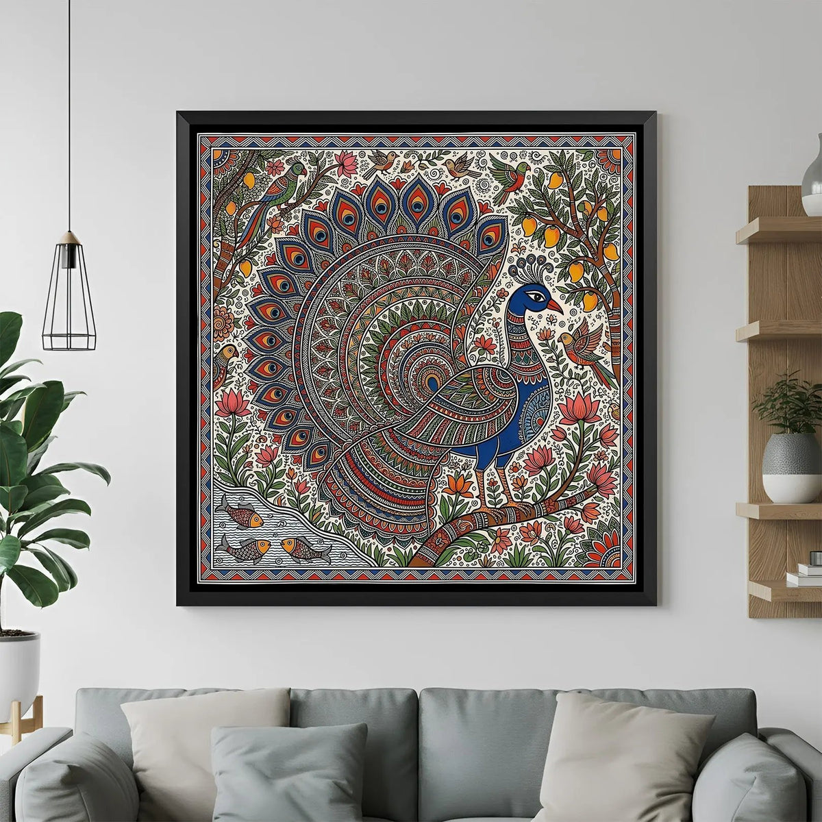 Elegant Madhubani peacock artwork with fish birds and mango tree in black floater frame for modern ethnic decor