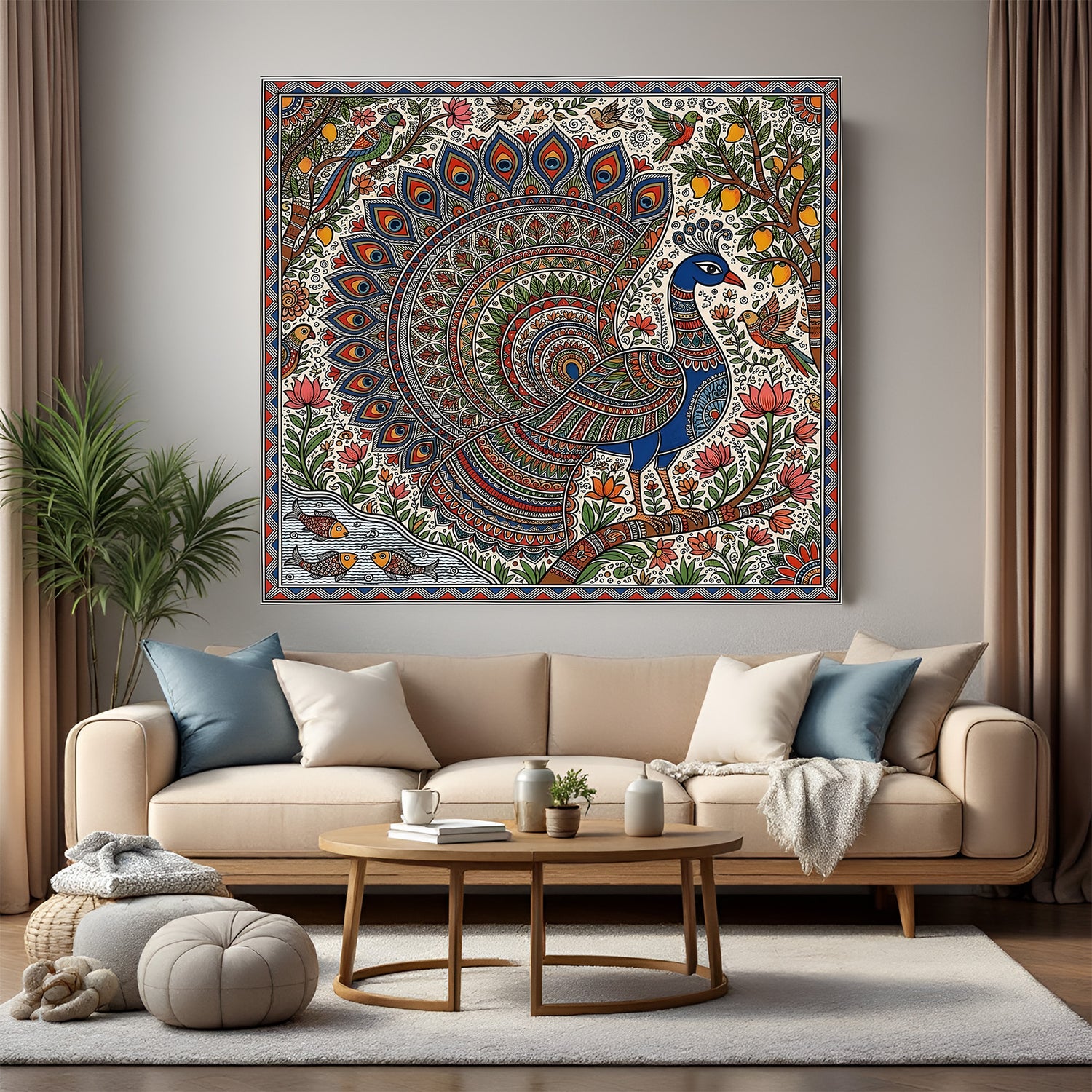 Peacock Madhubani art canvas wall painting with fish below, birds around, and mango tree in traditional folk design