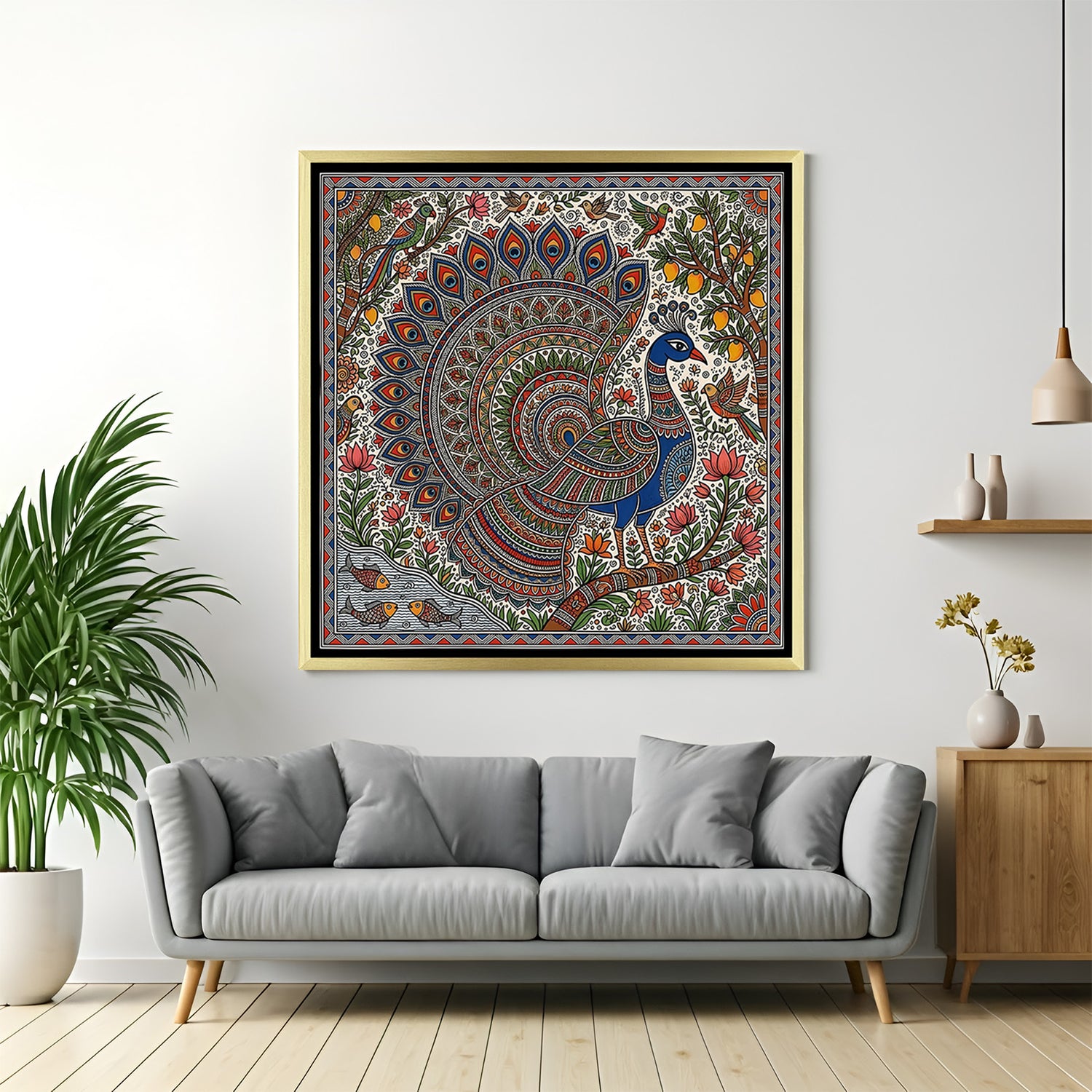 Luxury peacock Madhubani painting canvas with fish birds and mango tree in golden floater frame