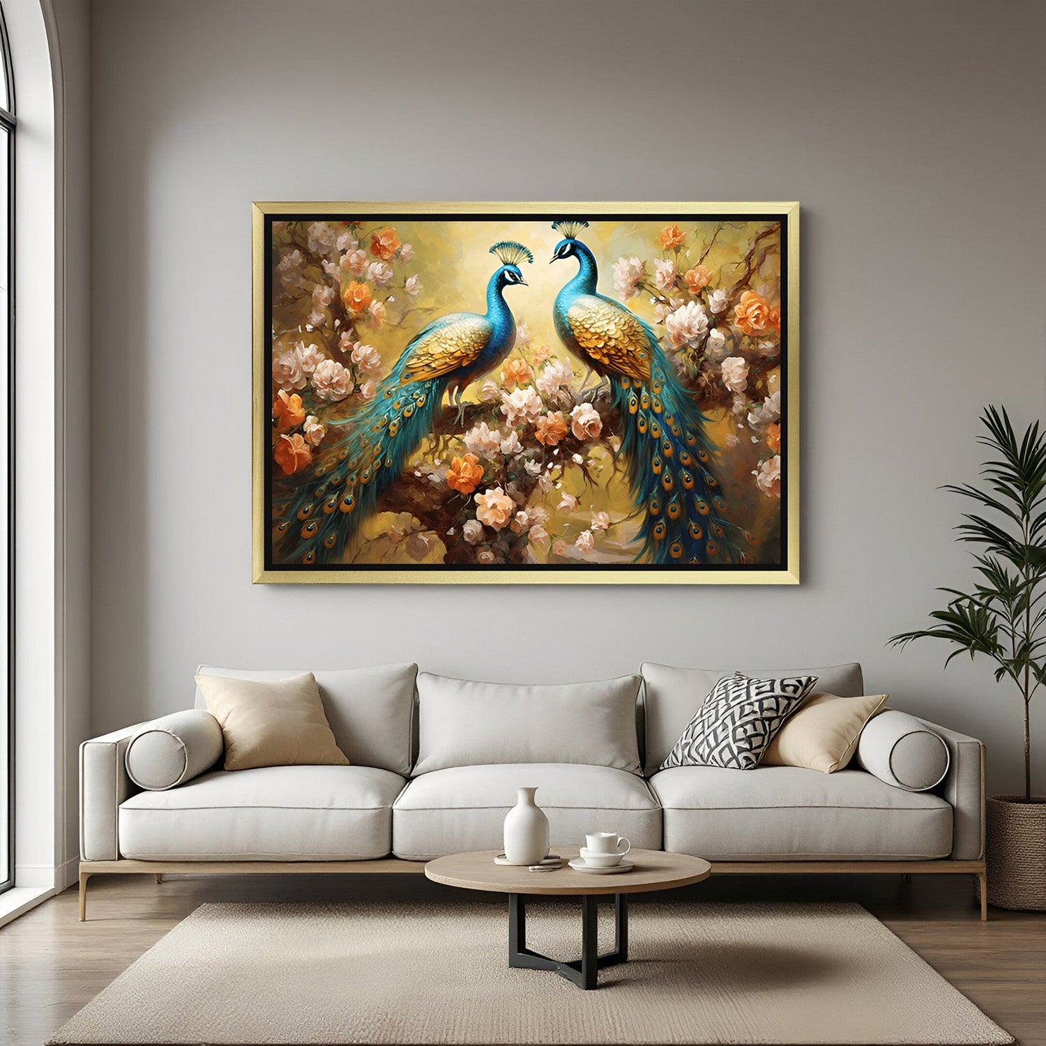 Golden frame peacock wall art for vibrant and Vastu-aligned home and office interiors