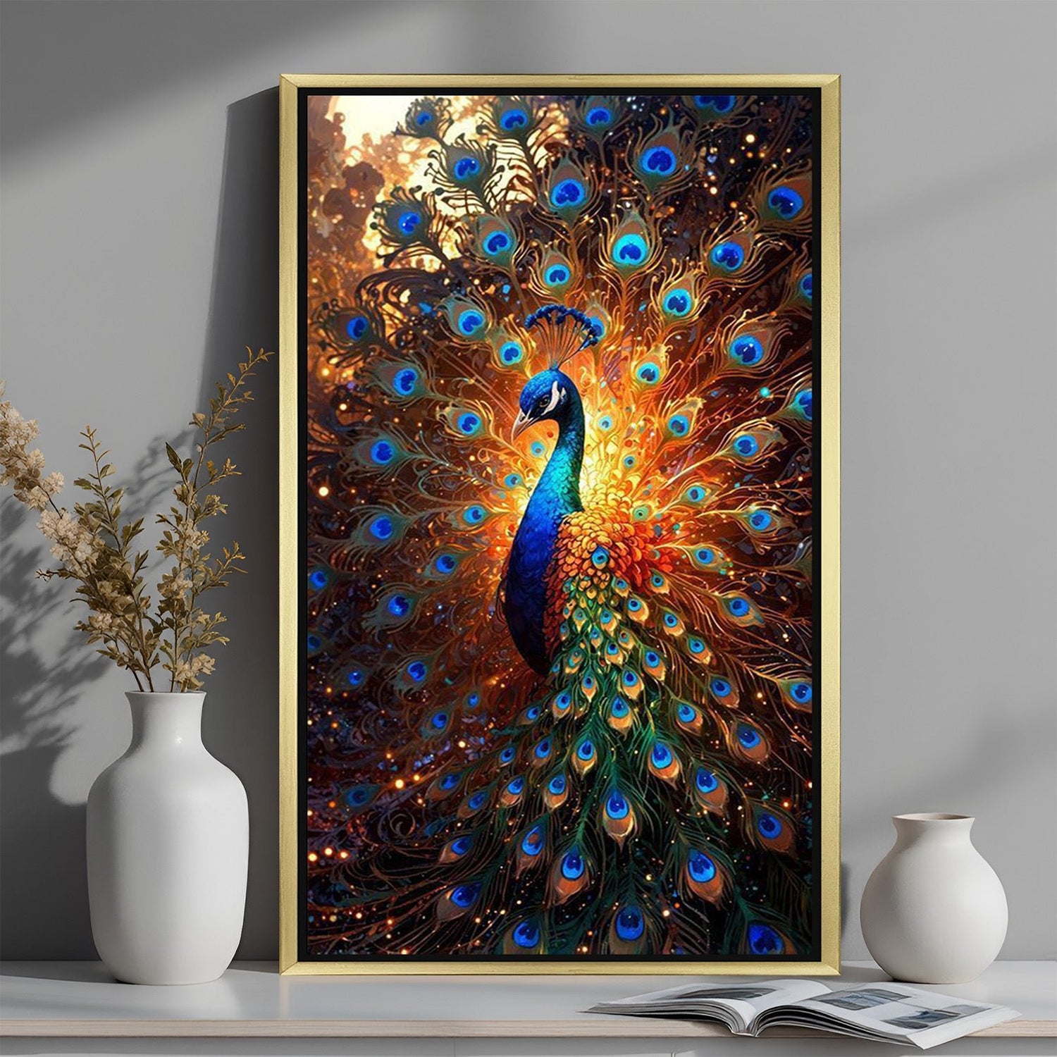 Golden frame peacock wall art for spiritual harmony and Vastu energy in office and stylish home walls