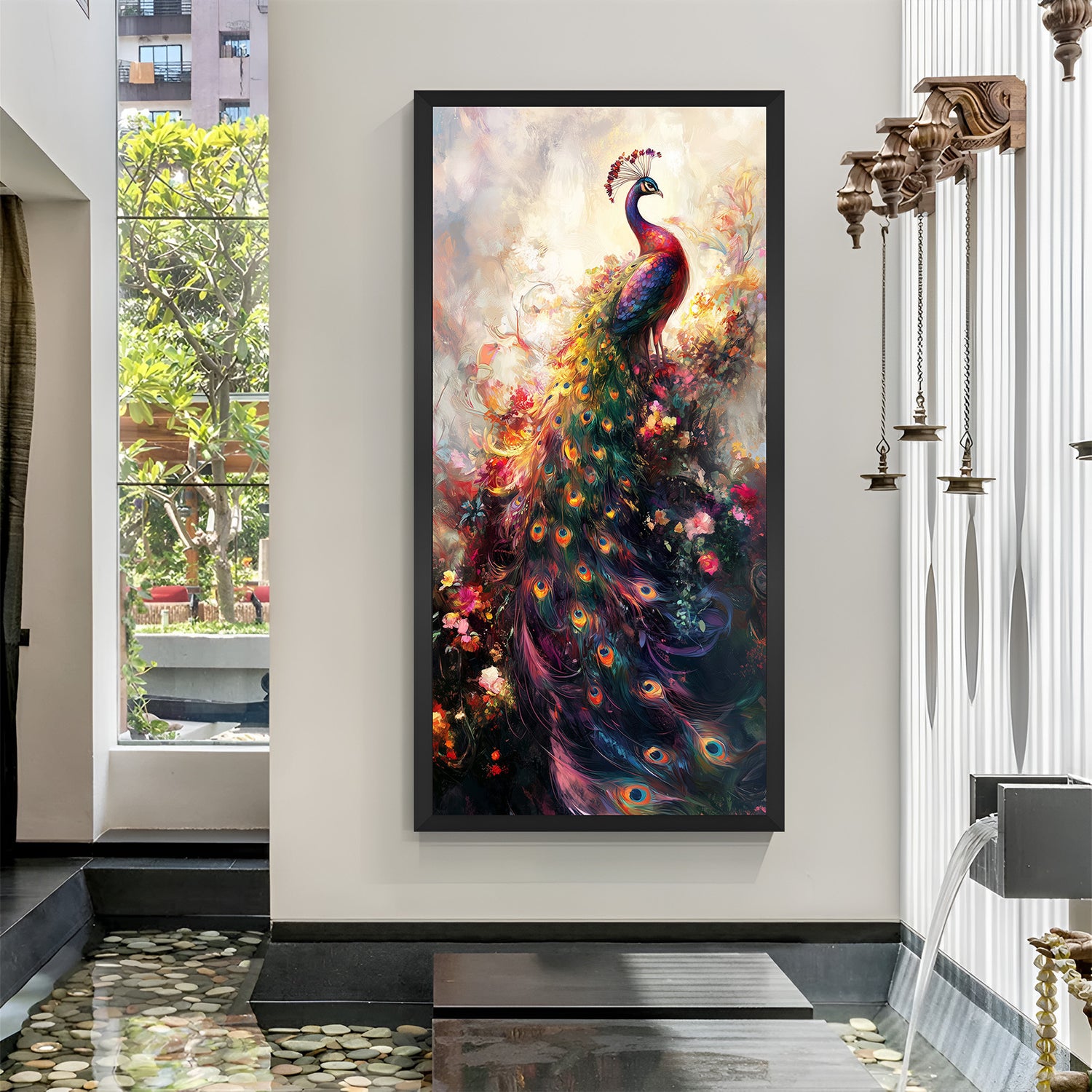 Peacock hand-painted canvas wall art with vibrant feathers in black floater frame