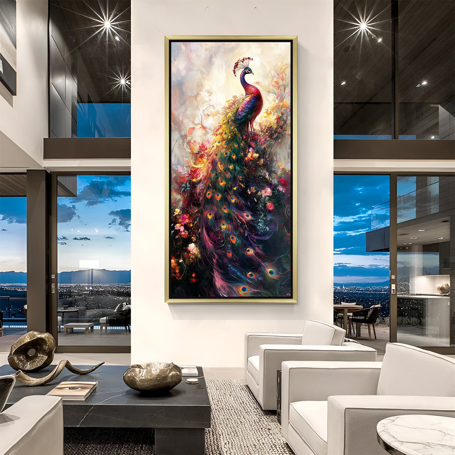 Peacock hand-painted canvas wall art with vibrant feathers in golden floater frame