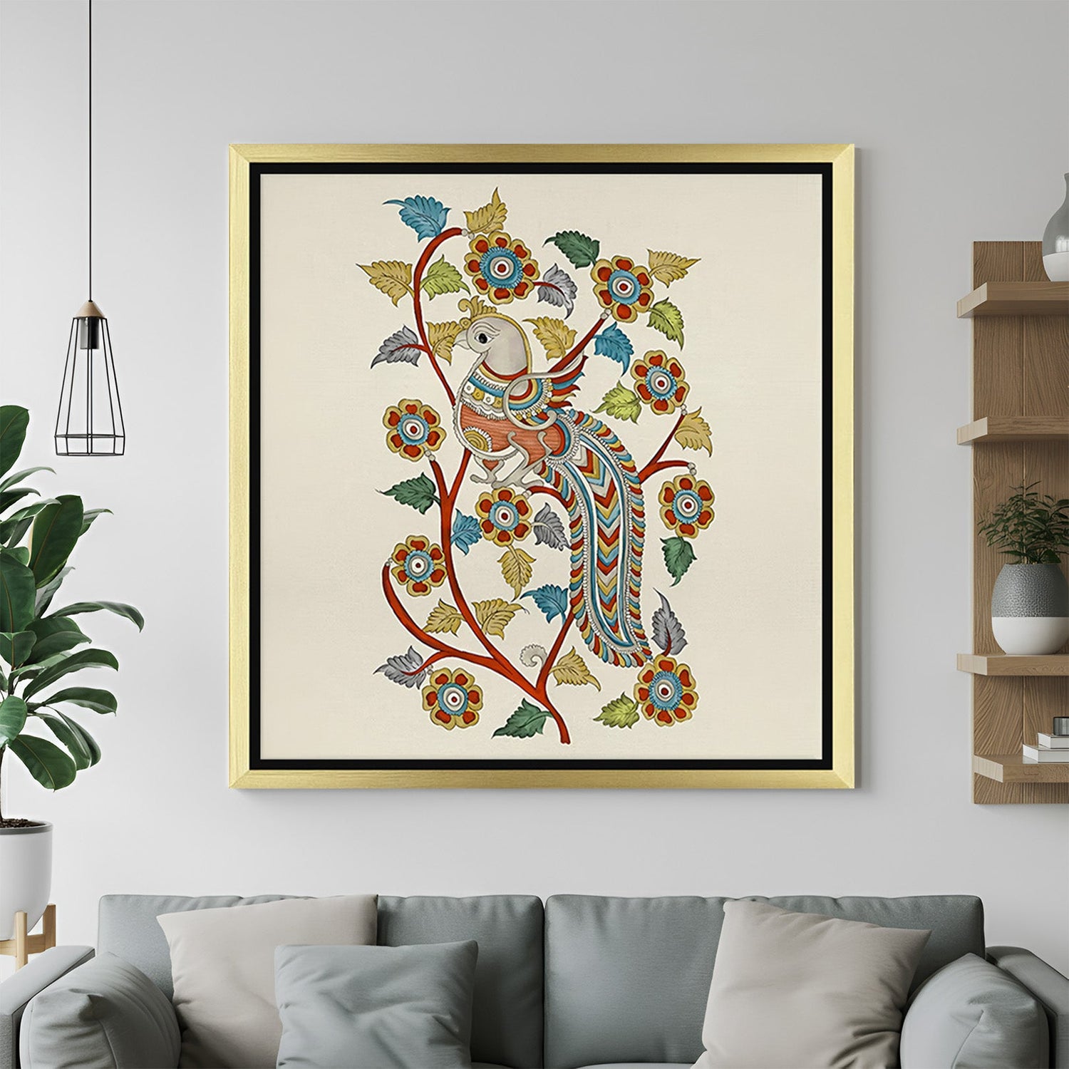Peacock Kalamkari canvas in golden floater frame for rich ethnic decor and Vastu-inspired interiors