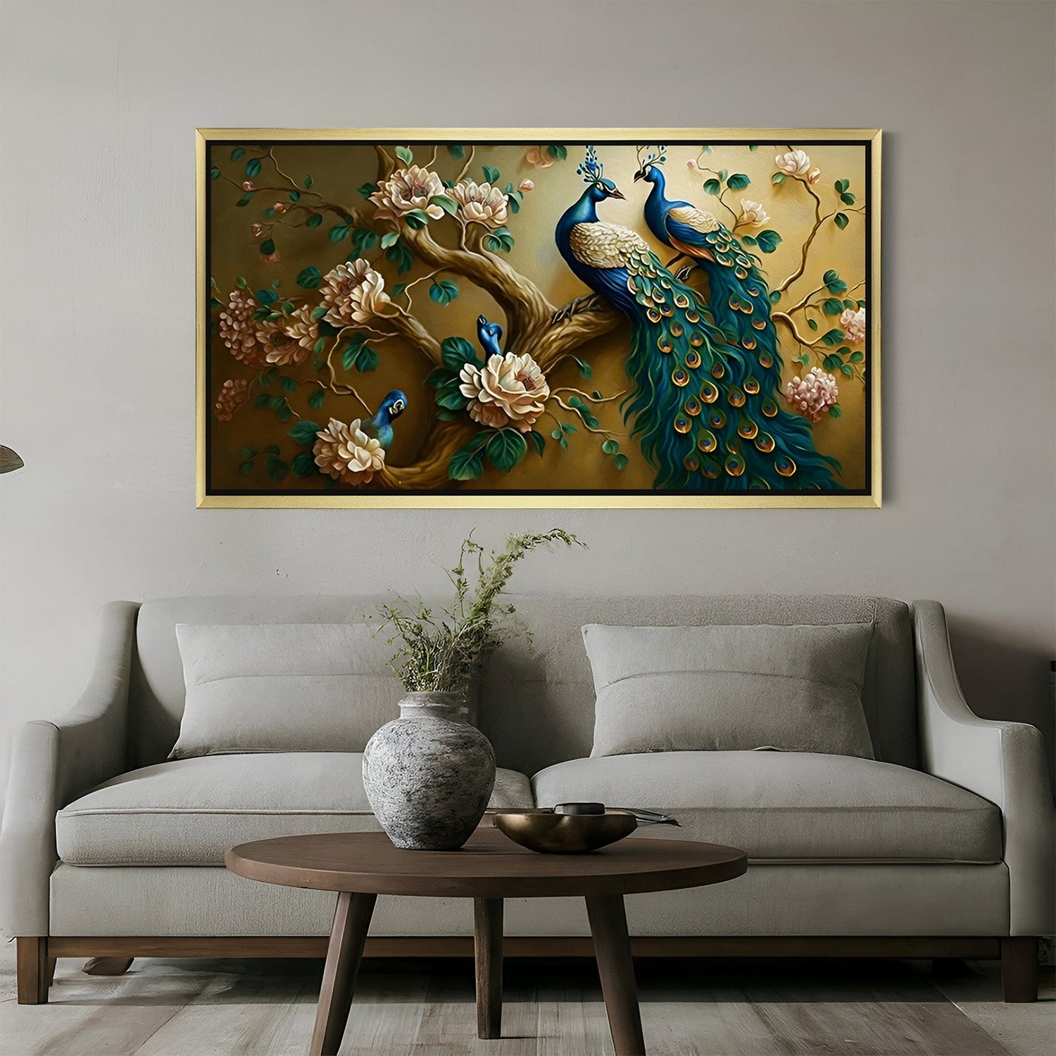Golden frame peacock pair canvas painting – Vastu-inspired wall art for stylish home decor