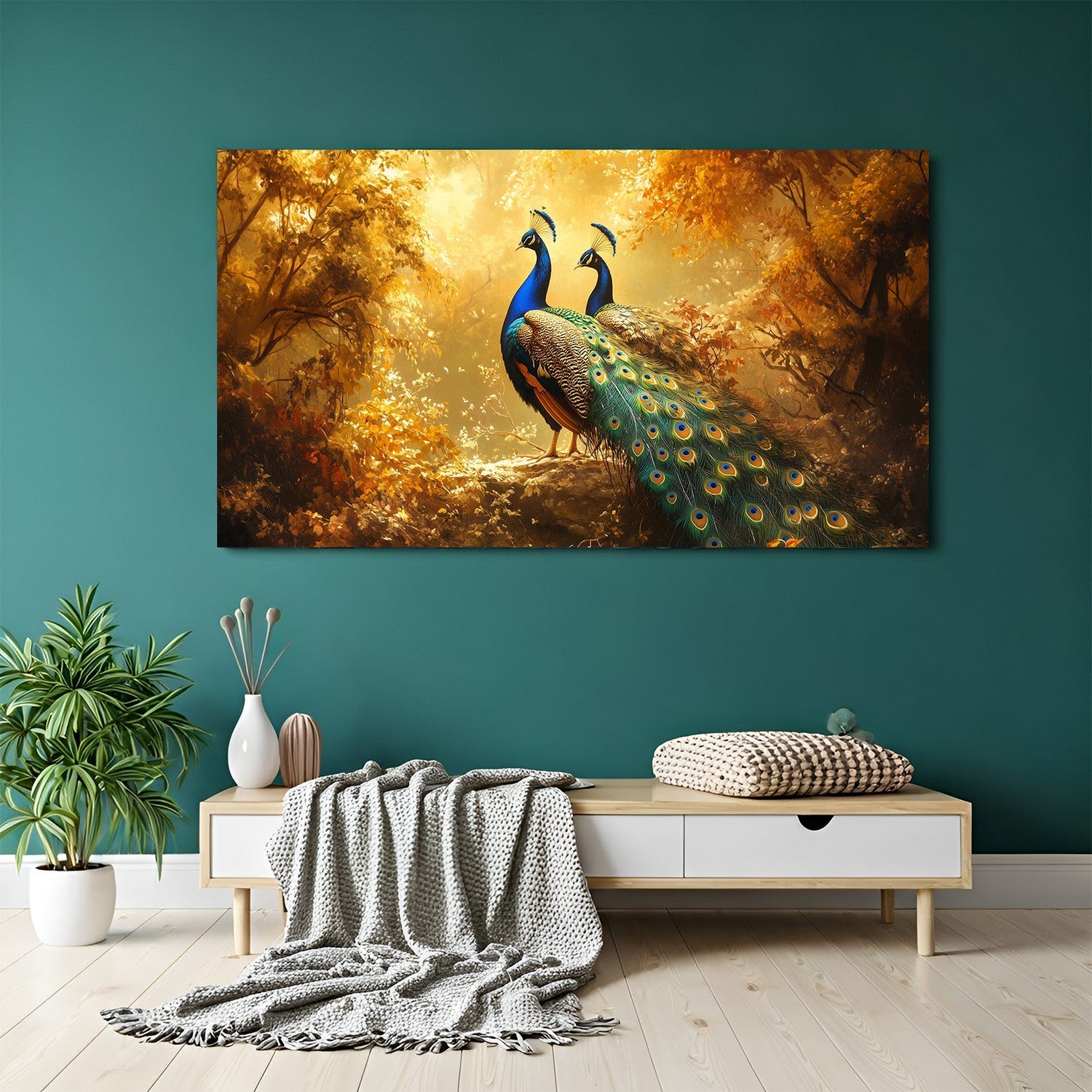 Peacock pair Vastu canvas wall art symbolizing harmony, prosperity, and positive energy for living room and office decor