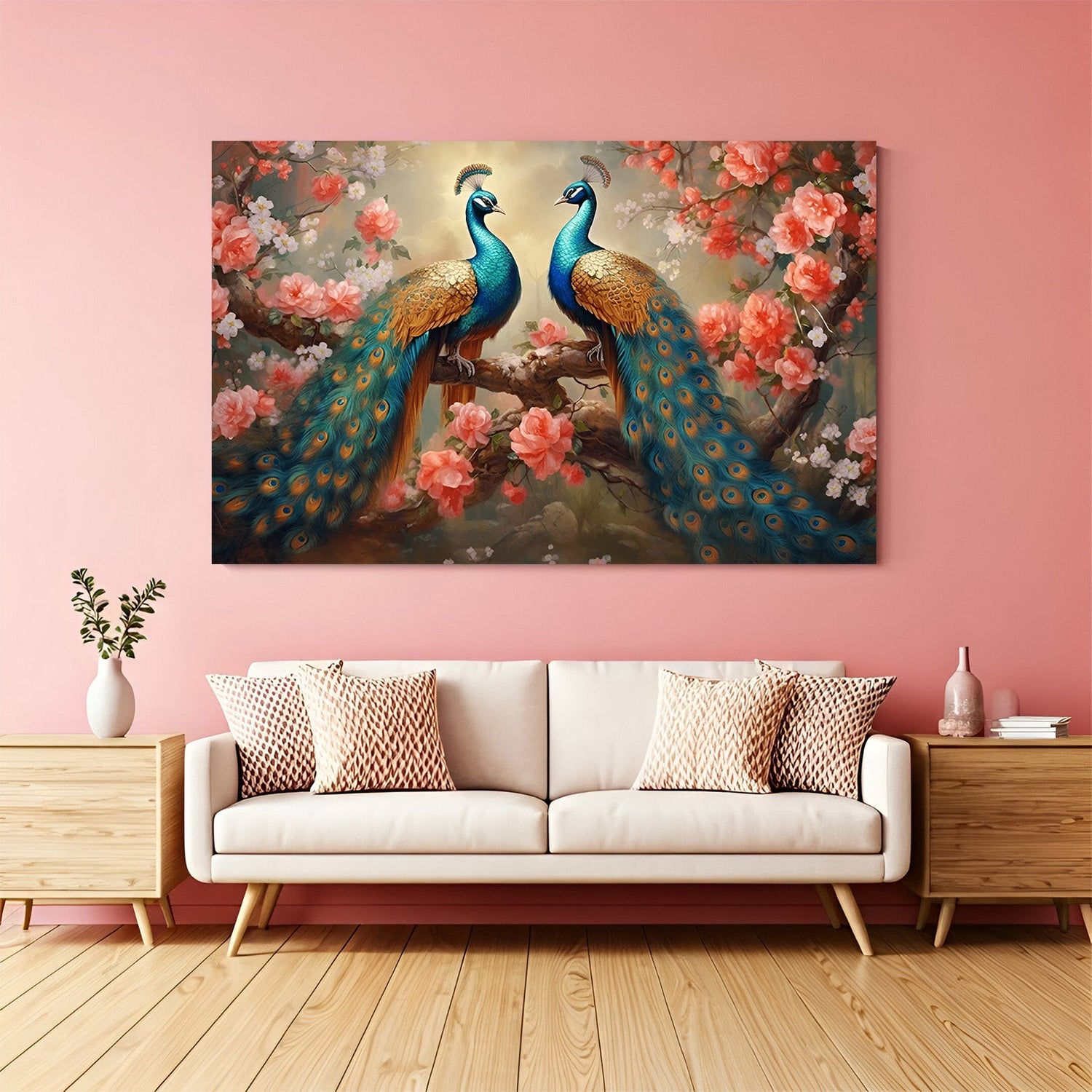 vastu canvas painting of peacock pair for wall decor to attract harmony peace love and good luck as per traditional vastu principles