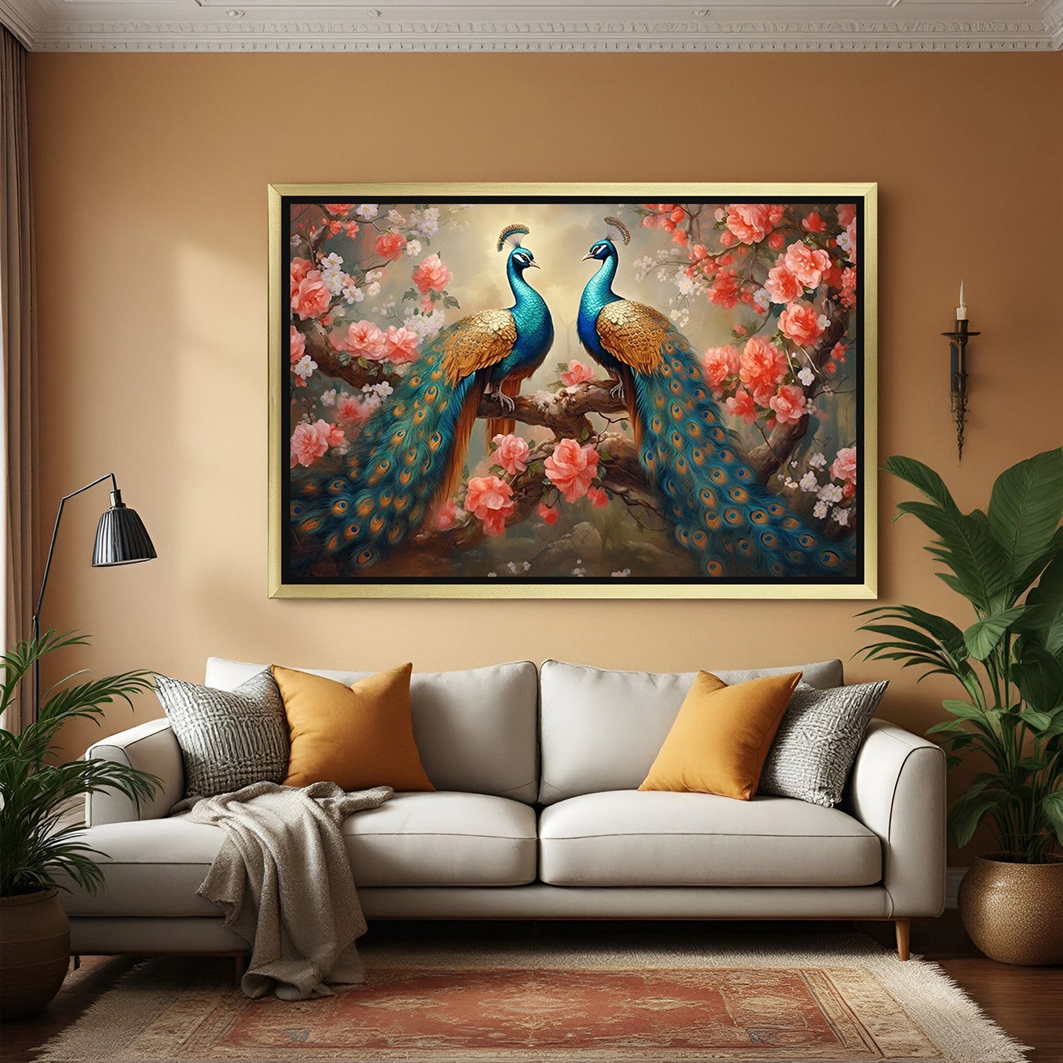 golden frame peacock vastu painting for wall decor to bring grace loyalty and prosperity to home spaces