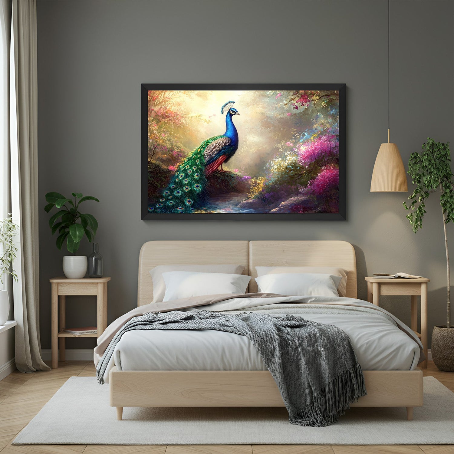 Black floater frame peacock Vastu canvas artwork for wealth, joy, and graceful energy in Vastu-inspired interior design