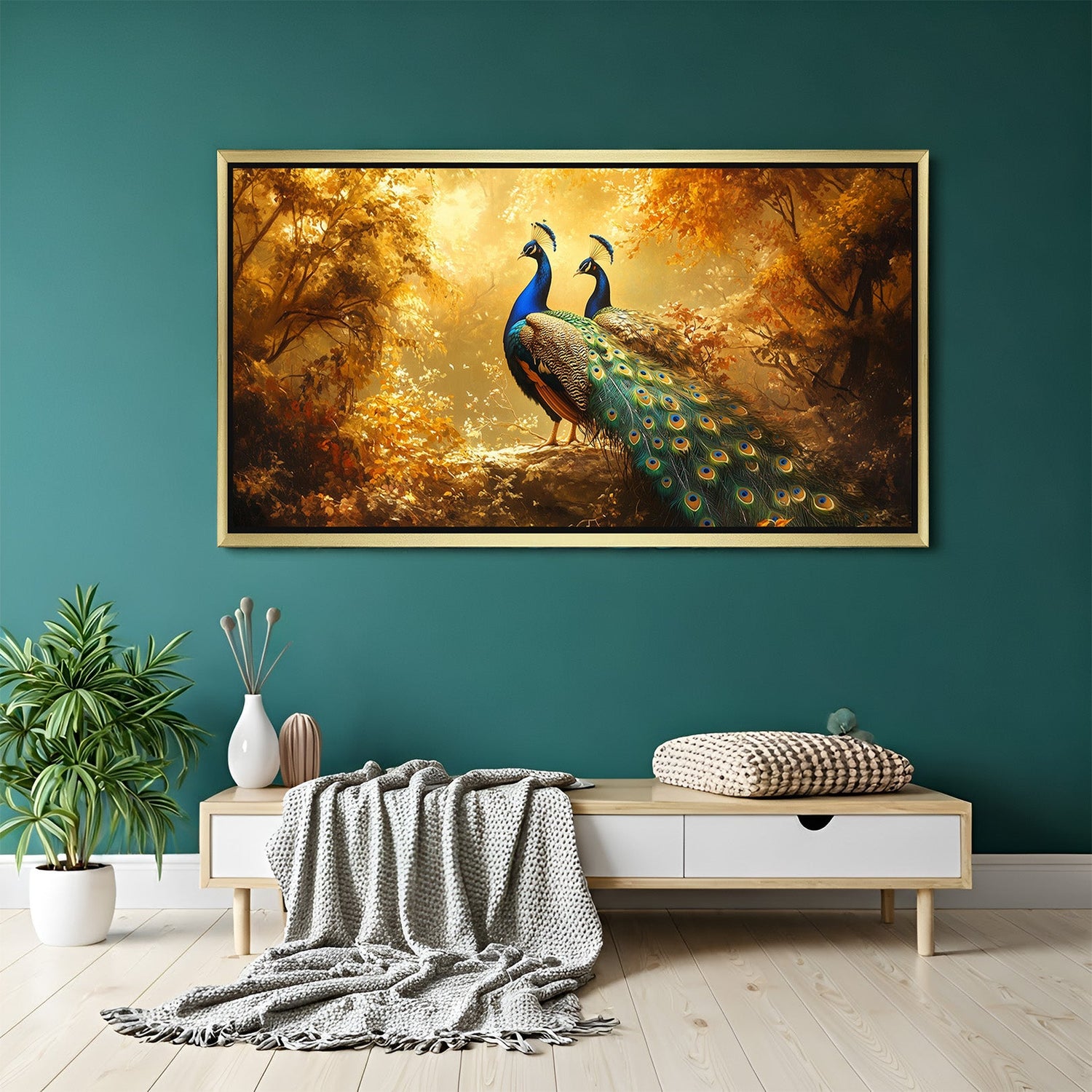 Golden floater frame peacock pair Vastu canvas wall art for prosperity, emotional balance, and luxury wall decoration