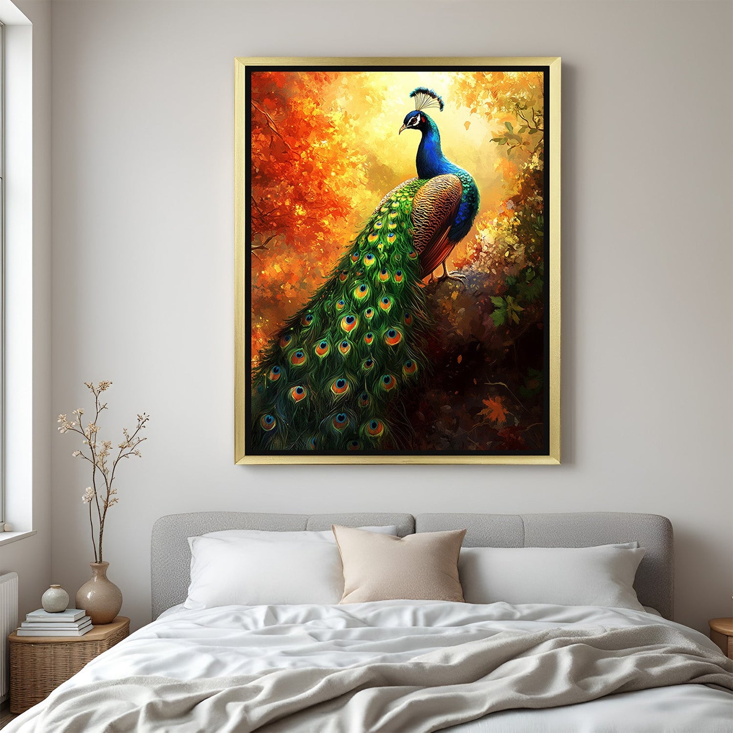 Golden frame peacock wall art canvas representing vastu harmony, divine energy, and prosperity for modern home or office decor