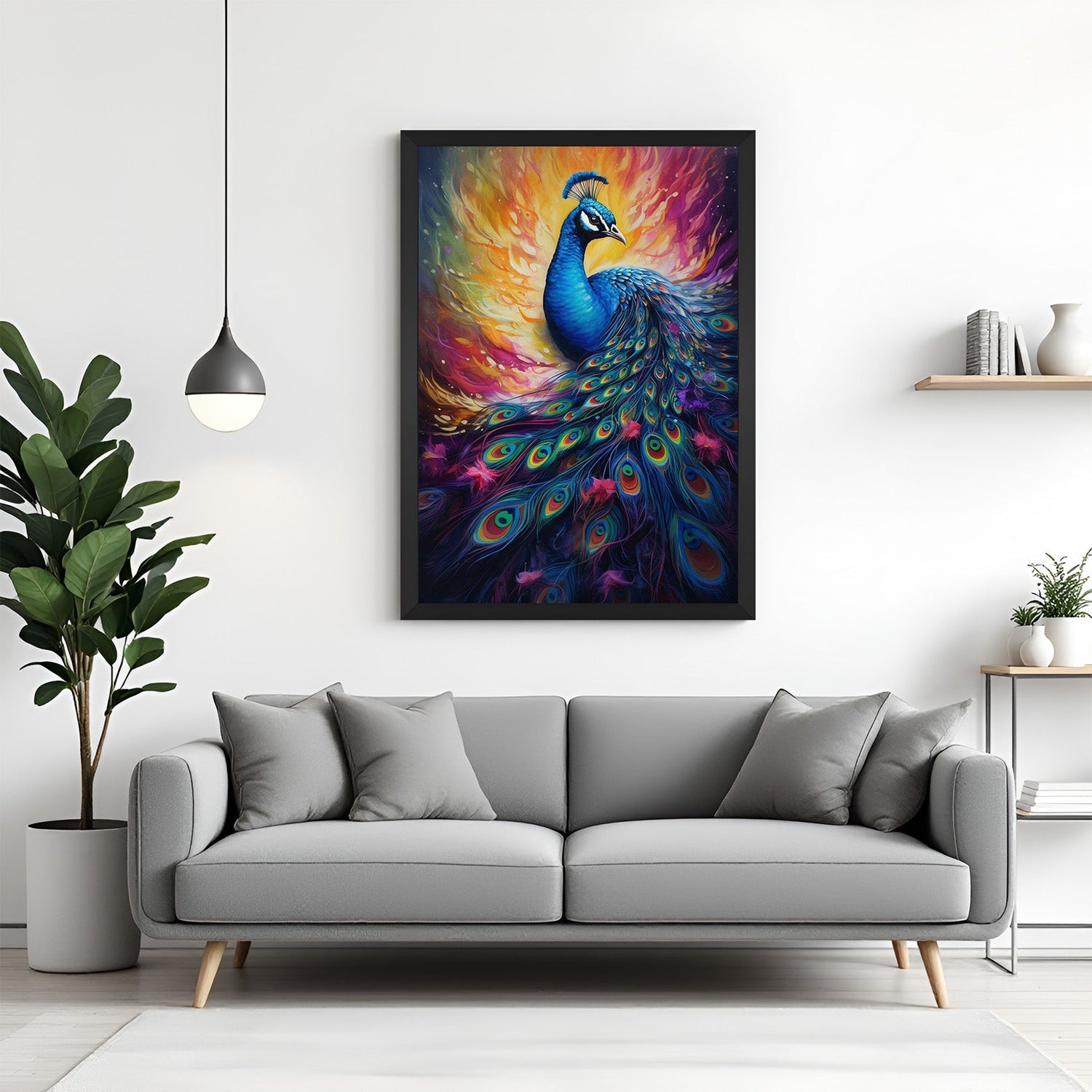 Peacock vastu wall art in black floater frame for home and office, designed to enhance prosperity, elegance, and vastu-aligned living spaces