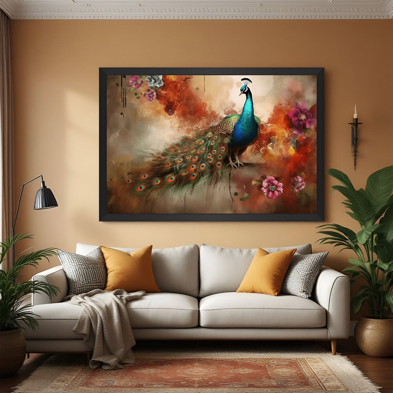 Peacock Vastu painting in black floater frame for stylish bedroom and positive home decor