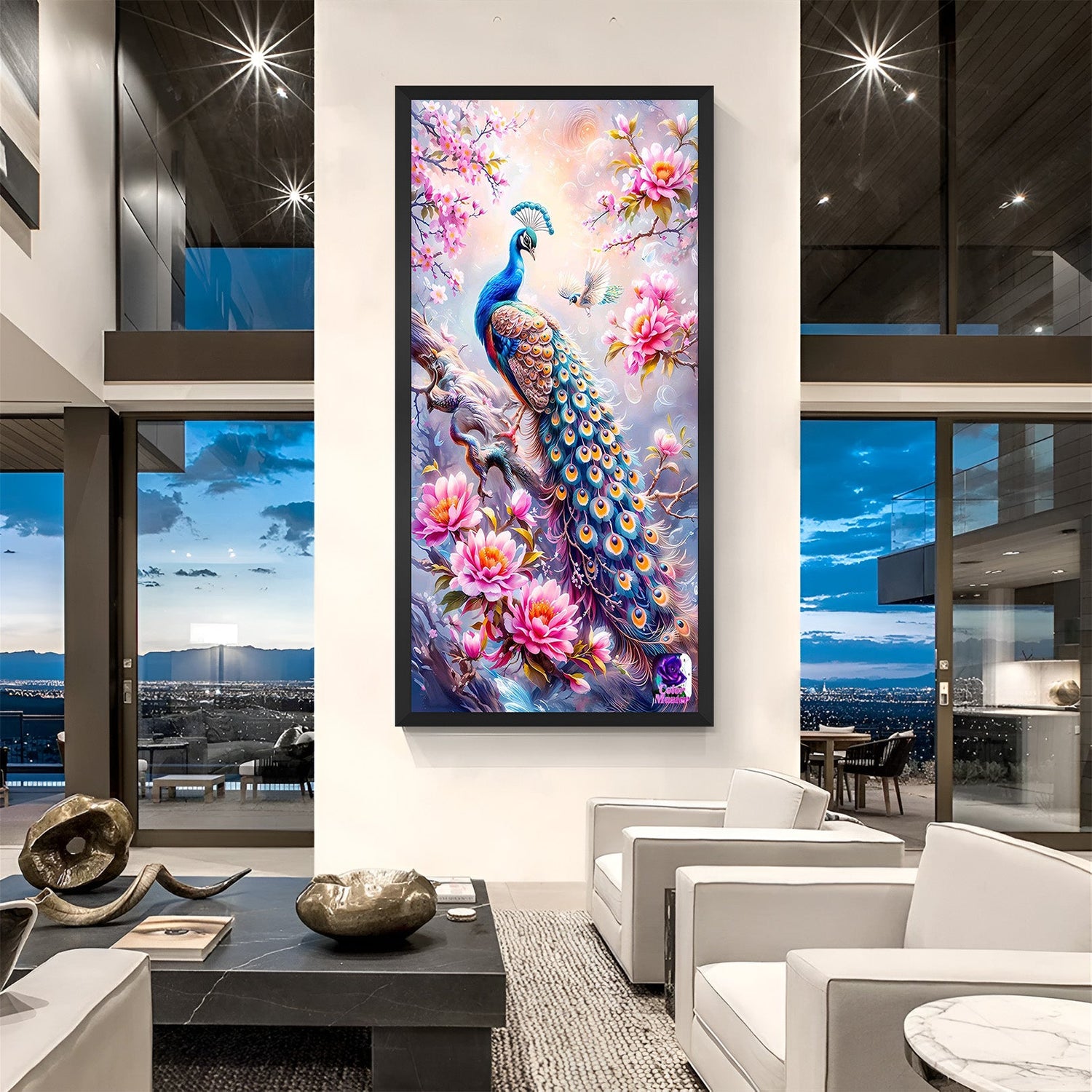 Peacock vastu painting in black floater frame with elegant colors, traditional vibes, and vastu harmony for home and office interiors