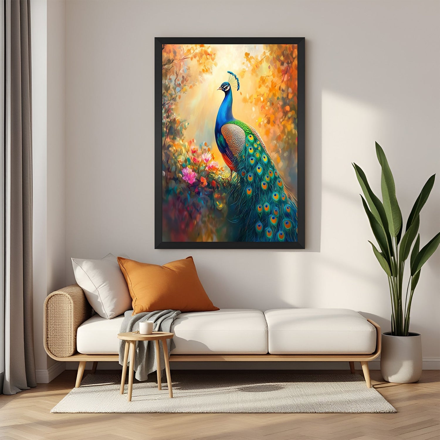 Black frame vibrant peacock canvas art enhancing vastu-based wealth, grace, and protection for stylish spiritual interiors
