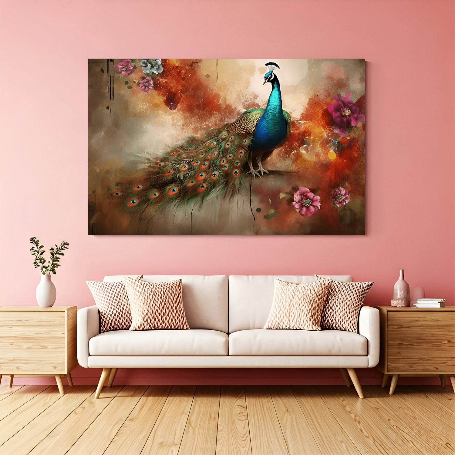Peacock Vastu canvas painting for home and bedroom wall decor with vibrant detailing