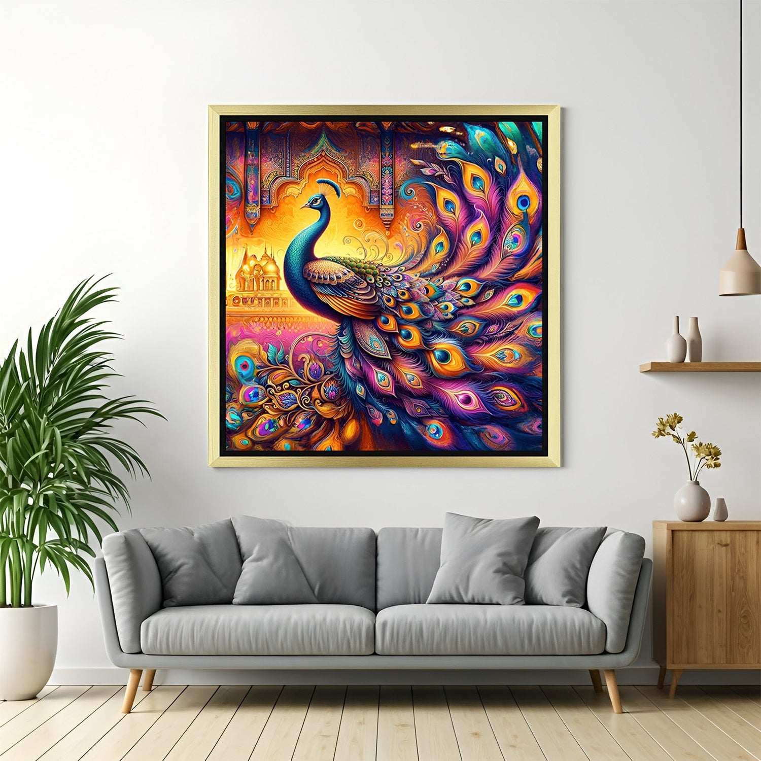 Peacock Vastu canvas painting with golden floater frame, ideal for home decor to attract prosperity and good fortune