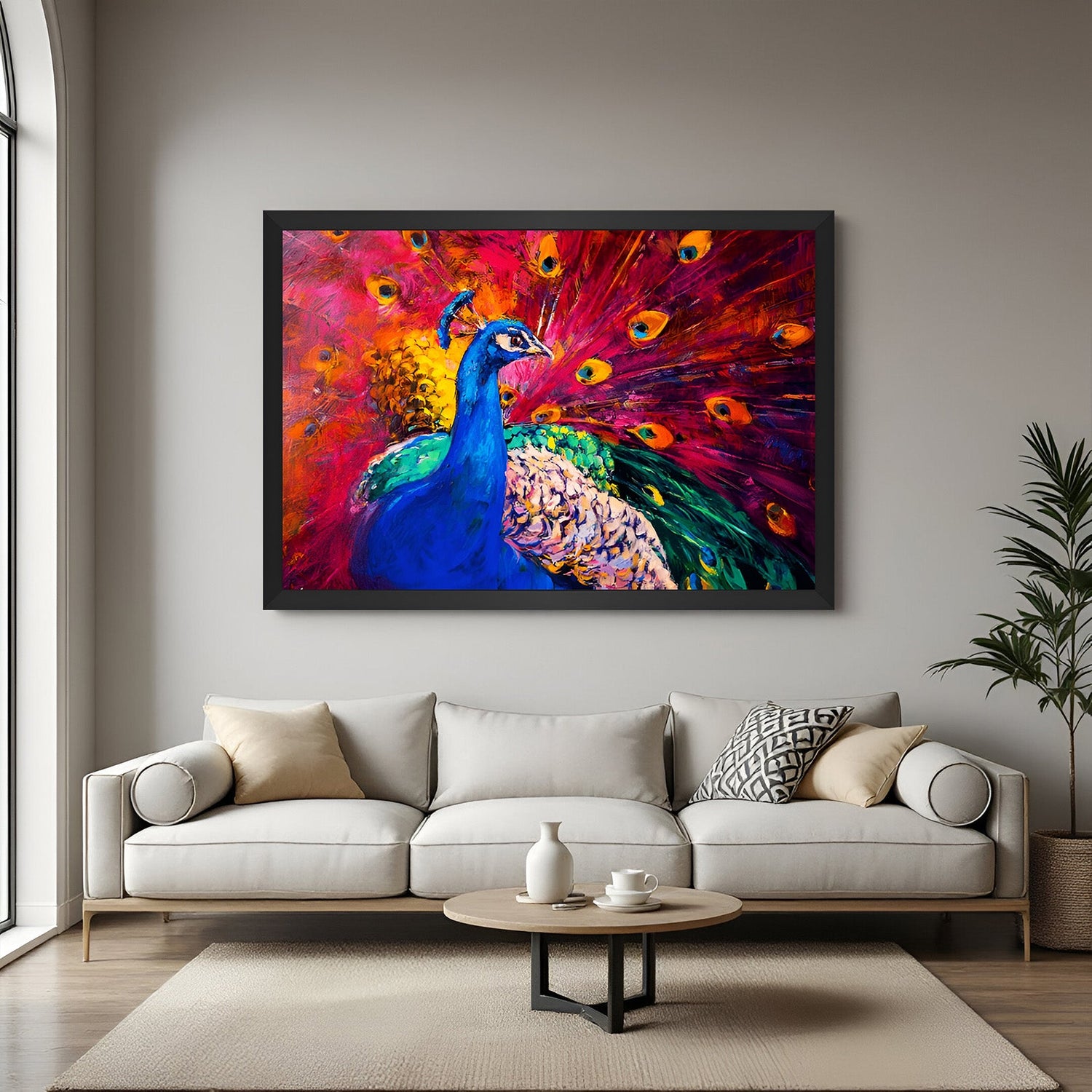 Black floater frame Peacock canvas Vastu painting for elegant wall decor, enhancing positivity and aesthetic harmony in your space