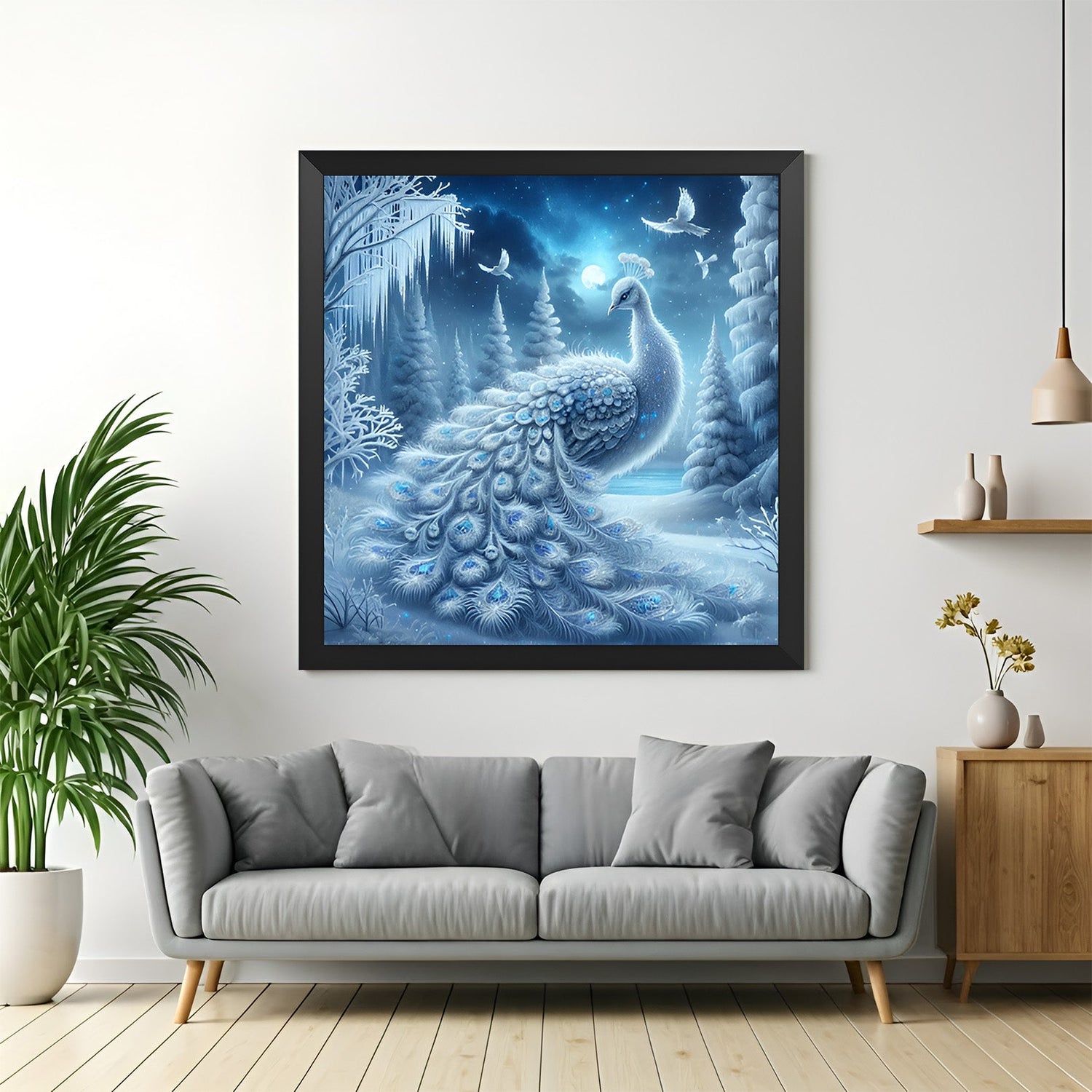 Peacock Vastu wall art with black floater frame for office decor that promotes success and prosperity