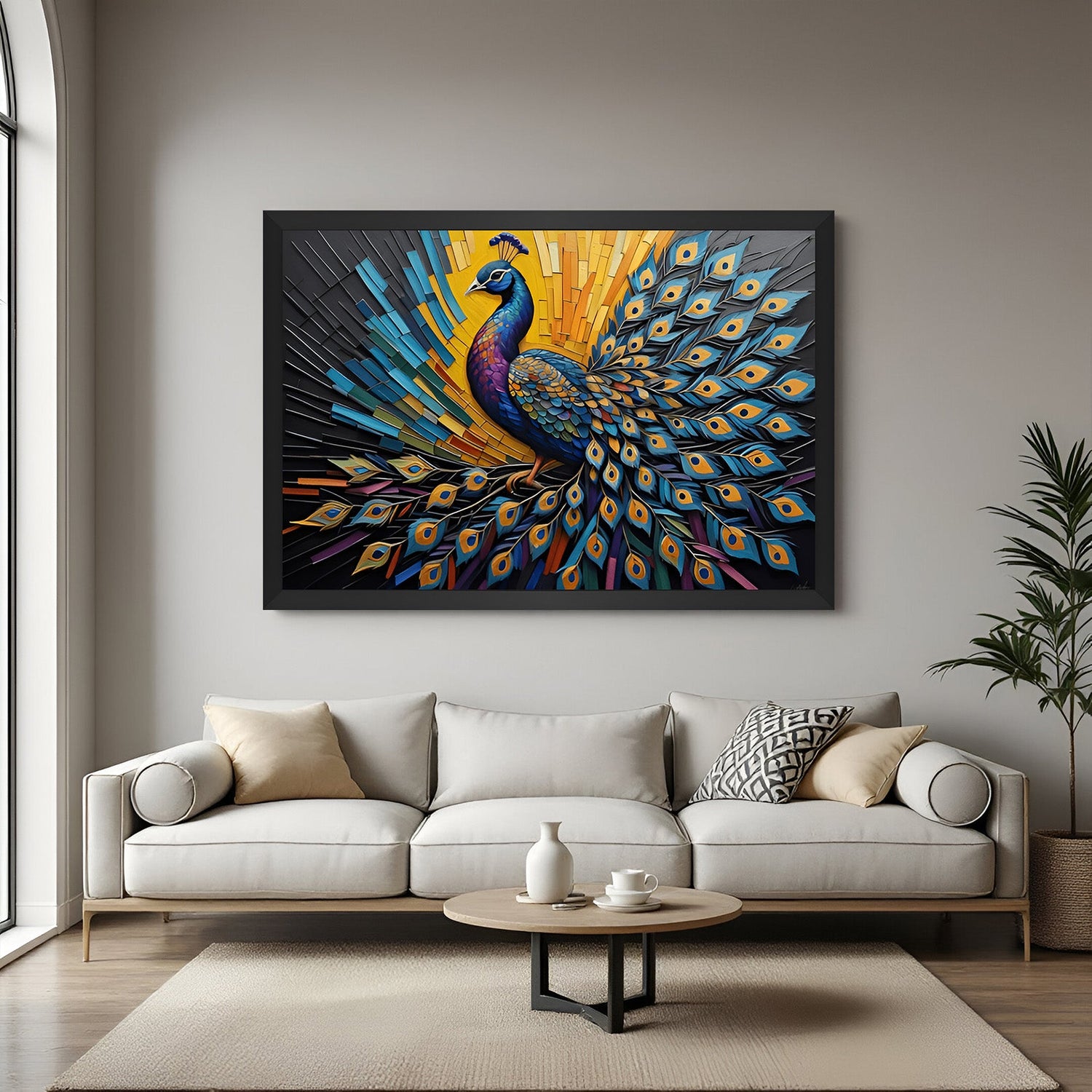 Peacock Vastu Painting in black floater frame, ideal for home or office interiors to promote balance, beauty, and emotional calmness
