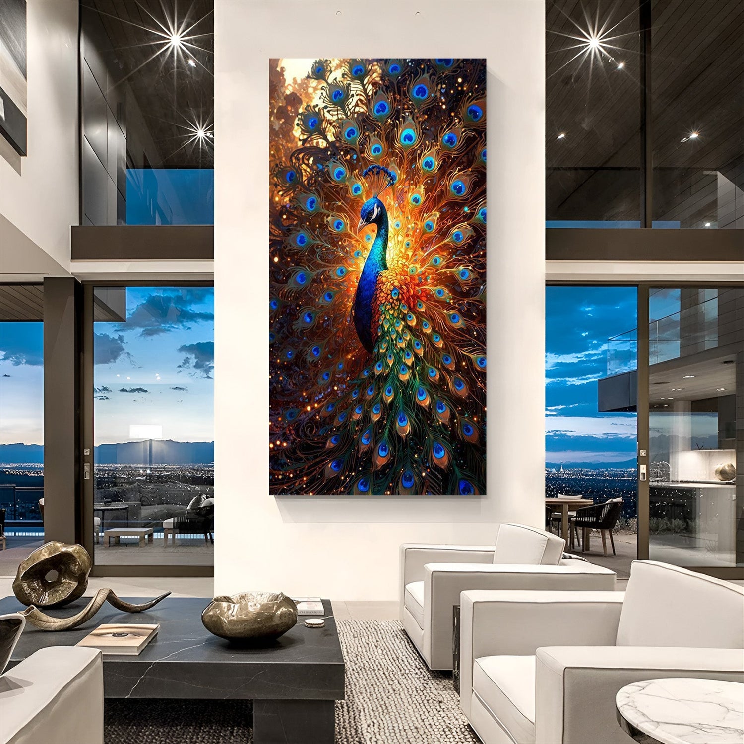 Peacock Vastu canvas wall art showing vibrant feathers and grace for home and office wall decor